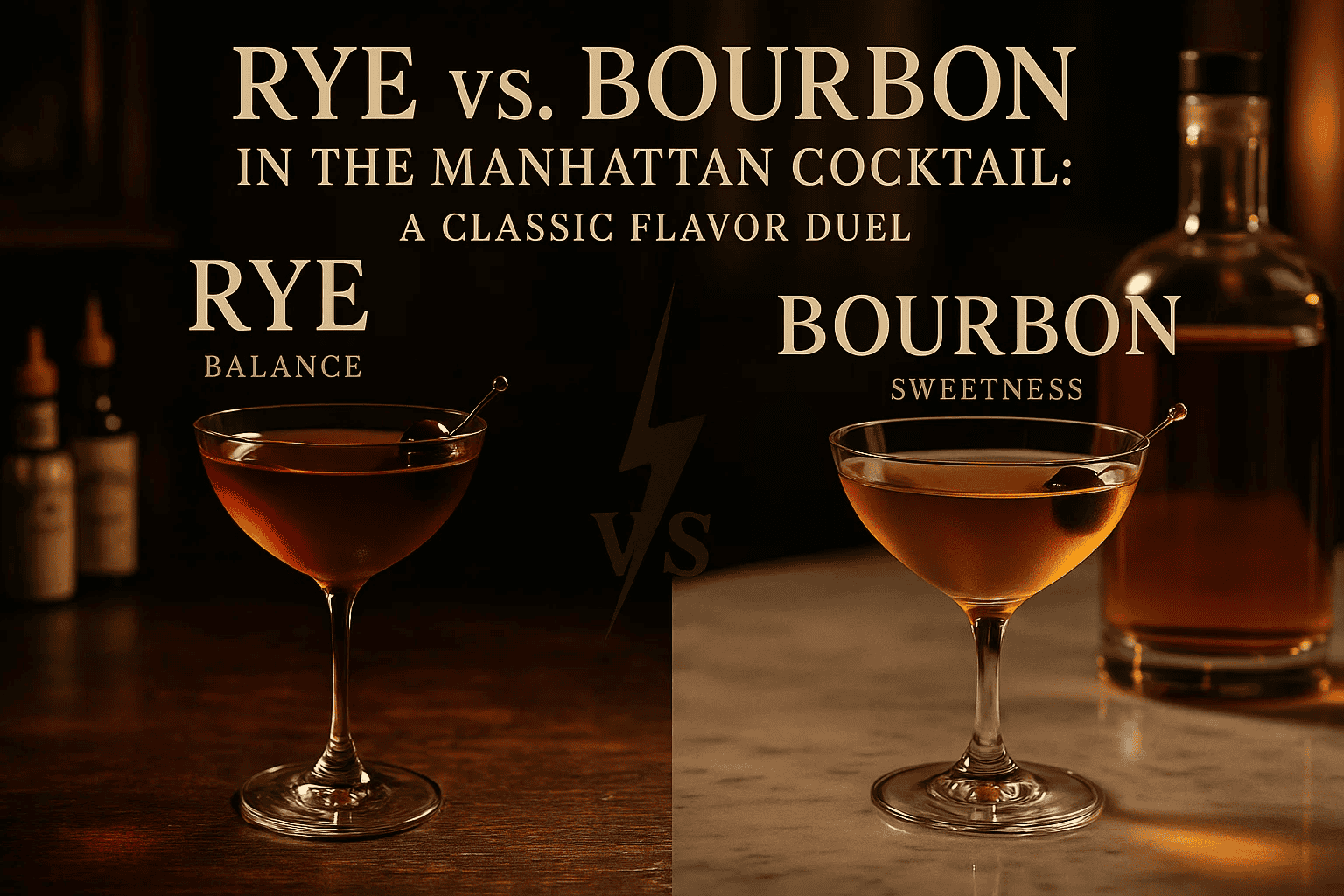 Chai Rittenhouse Rye và Bulleit Rye đặt cạnh chai Bourbon Four Roses — so sánh trực quan hai trường phái Manhattan