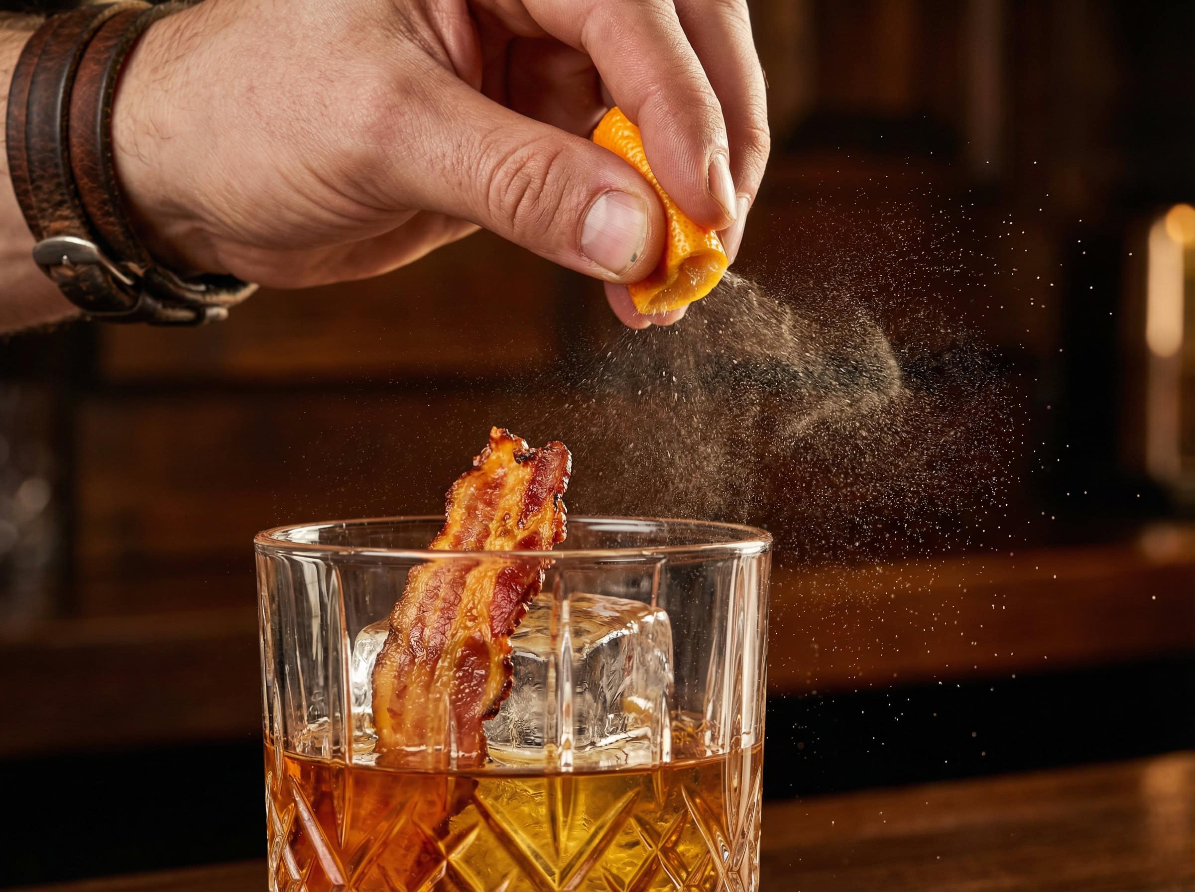 Garnish Bacon Old Fashioned: vỏ cam xoắn và thanh thịt xông khói giòn — cách trang trí cocktail đậm đà