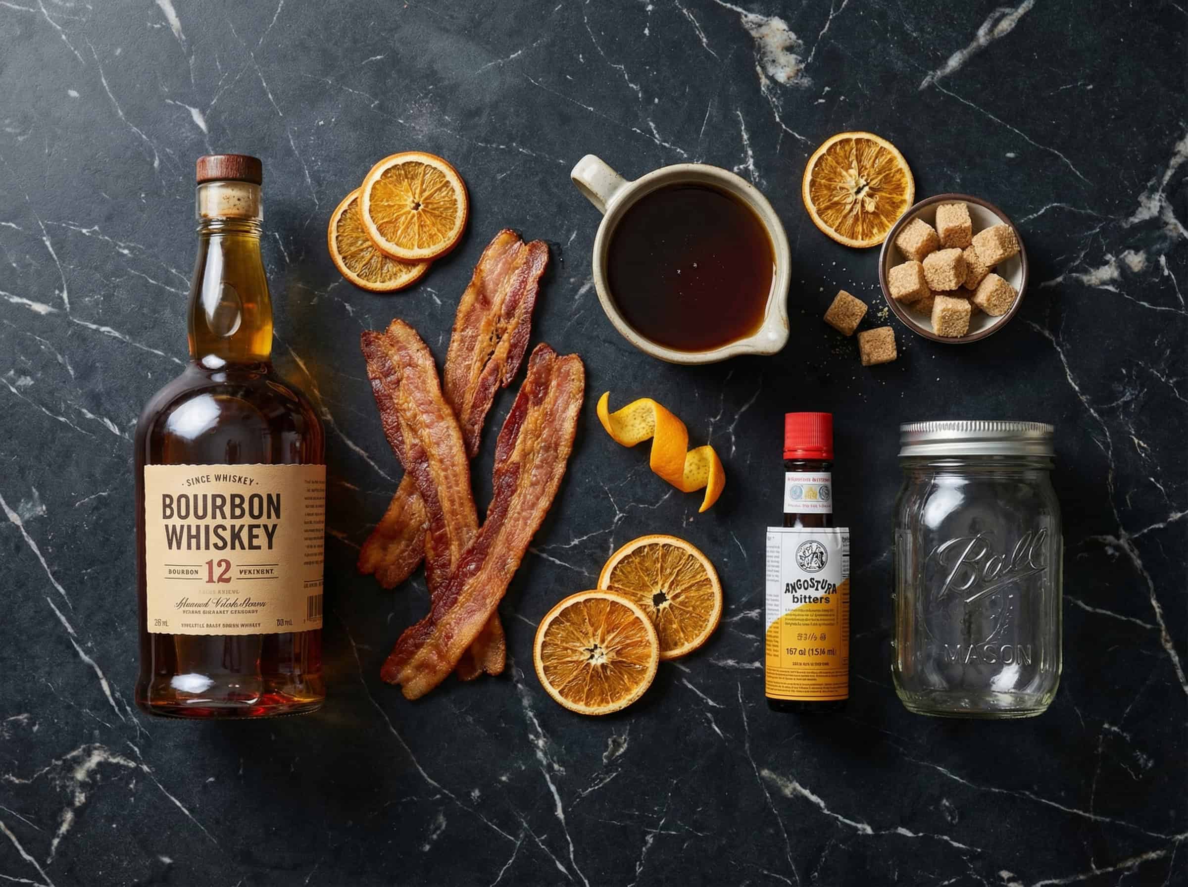 Nguyên liệu Bacon Old Fashioned: bourbon chất lượng cao, Angostura bitters, đường và vỏ cam tươi