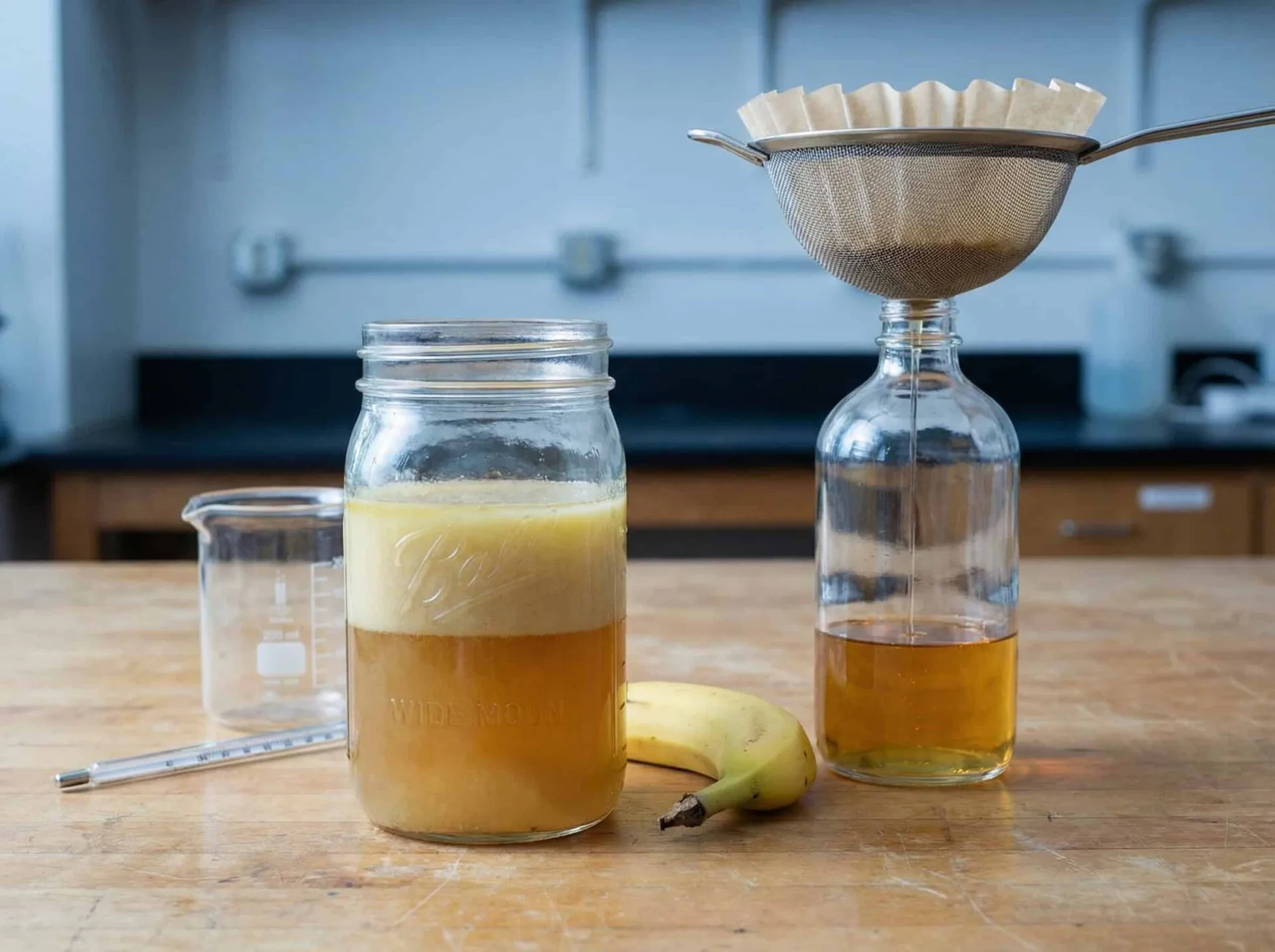 Kỹ thuật banana fat-washing bourbon: mason jar với bourbon và banana oil, coffee filter lọc, chai kết quả màu vàng nhạt