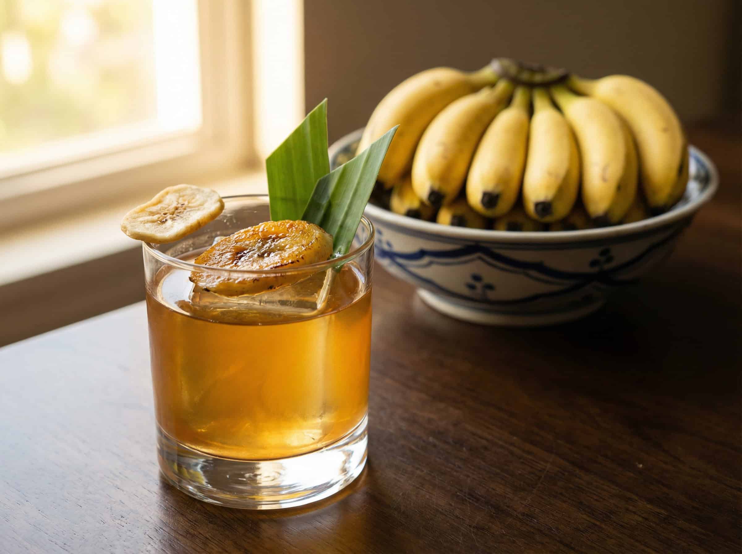 Biến thể Banana Old Fashioned Việt Nam với chuối xiêm caramel và trang trí lá chuối — hương vị nhiệt đới đặc trưng VN