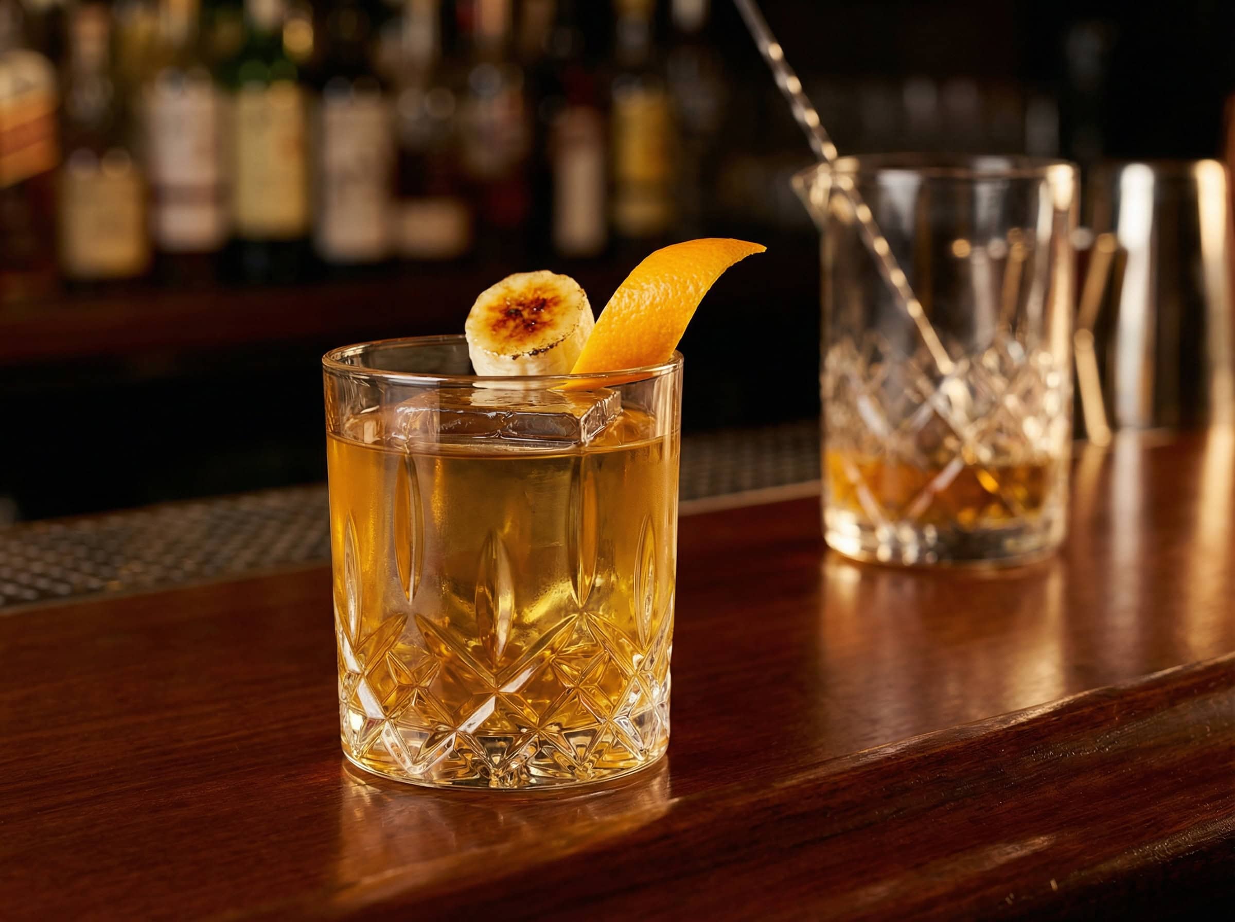 Banana Old Fashioned cocktail chuẩn bar trong ly rocks crystal với đá cube lớn — garnish chuối caramel và orange peel