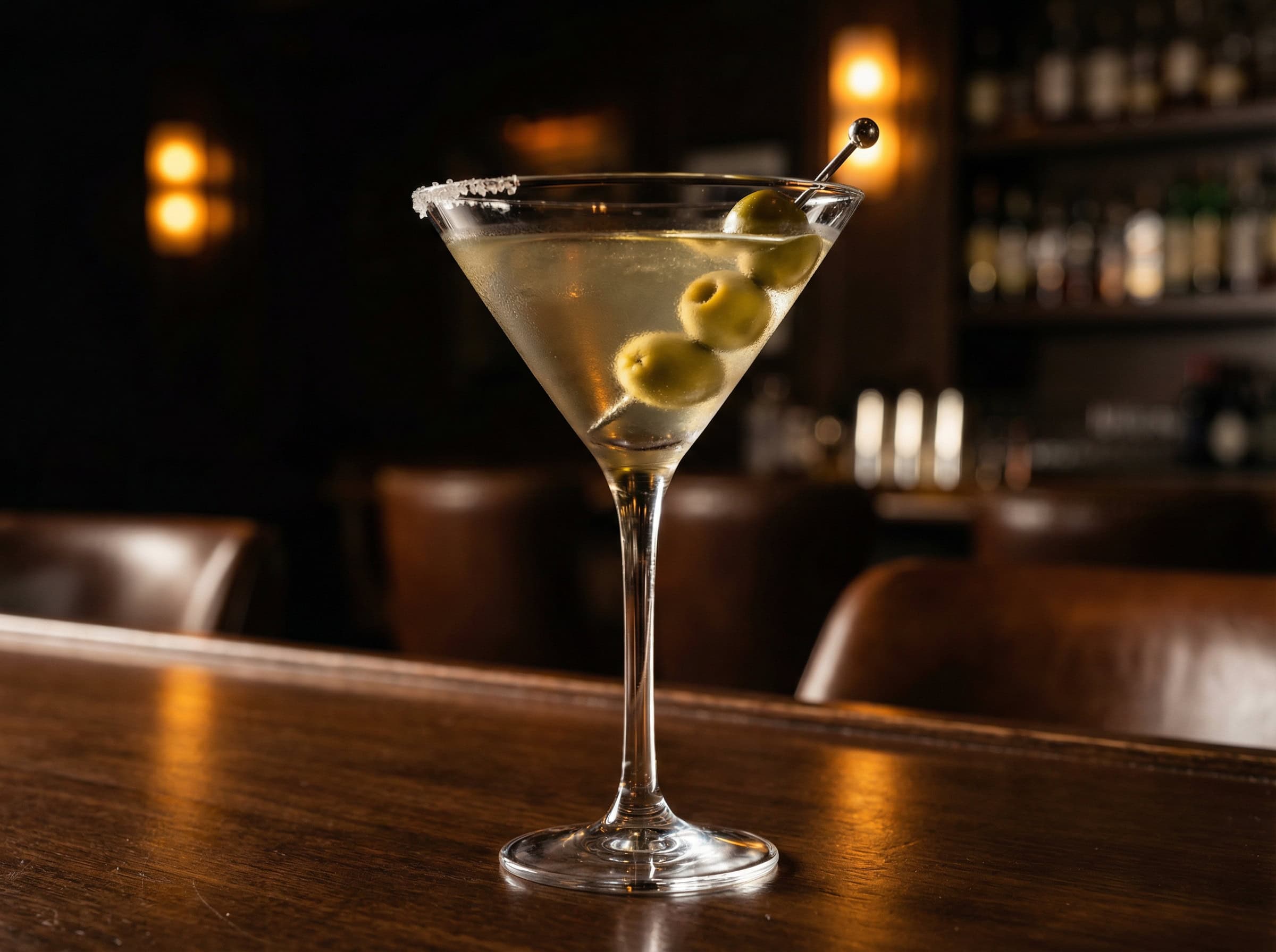 Dirty Martini với nước muối olive brine tạo màu vàng nhạt đặc trưng và Castelvetrano olive xanh nhạt