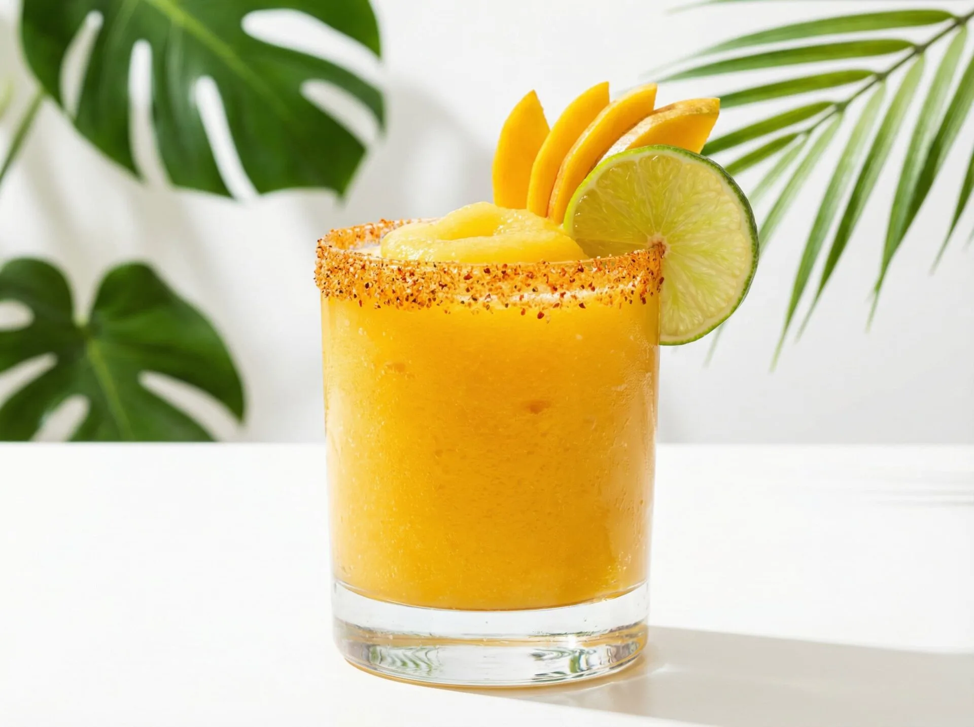 Frozen Mango Margarita vàng-cam đậm trong ly rocks, vành Tajín đỏ và miếng xoài tươi garnish