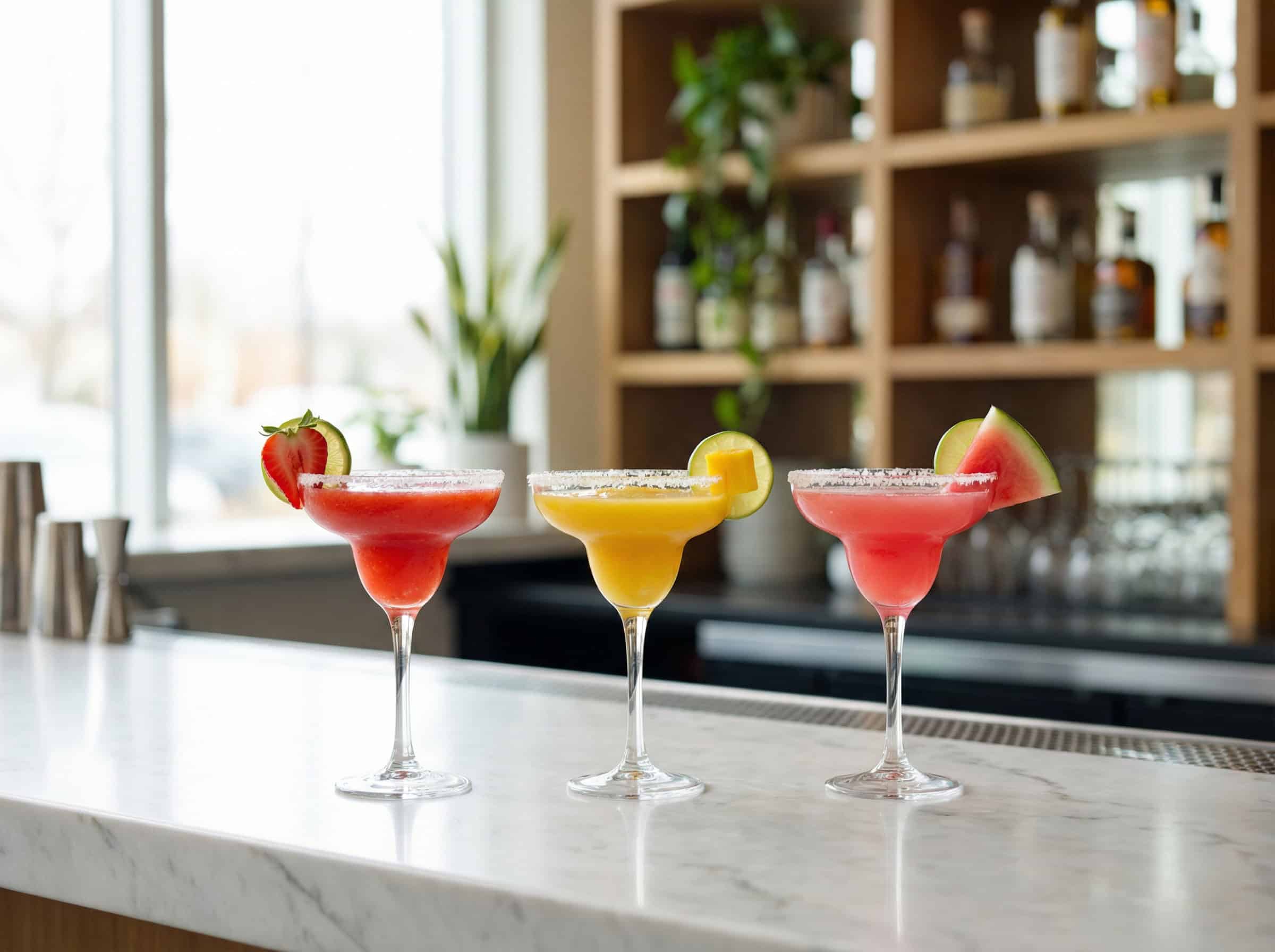 Bộ ba Margarita trái cây: Strawberry đỏ, Mango vàng, Watermelon hồng — công thức và tỷ lệ chuẩn bar