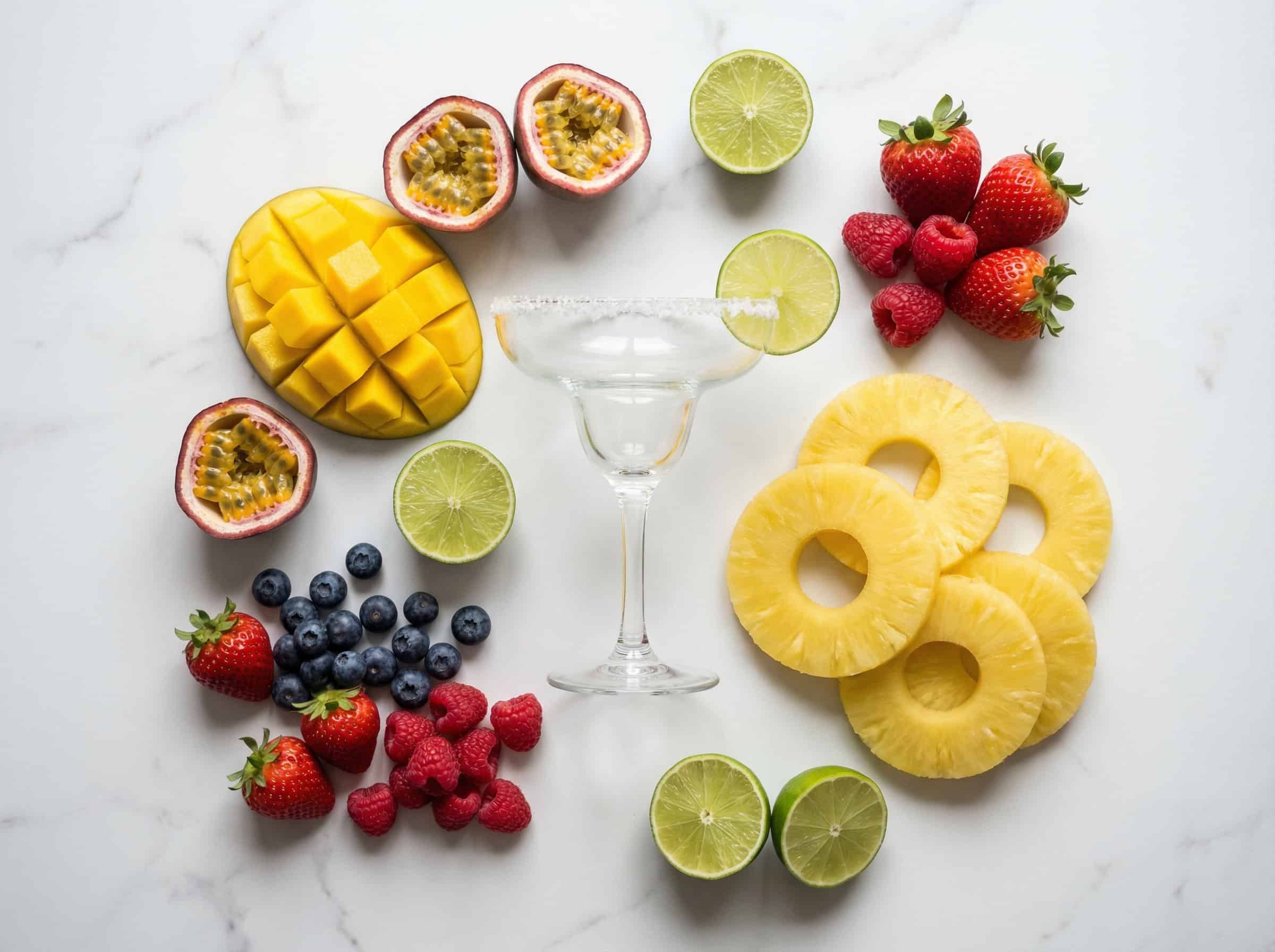 Nguyên liệu Margarita trái cây tươi: xoài, chanh dây, dứa, dâu tây, việt quất và lime — bày trên marble