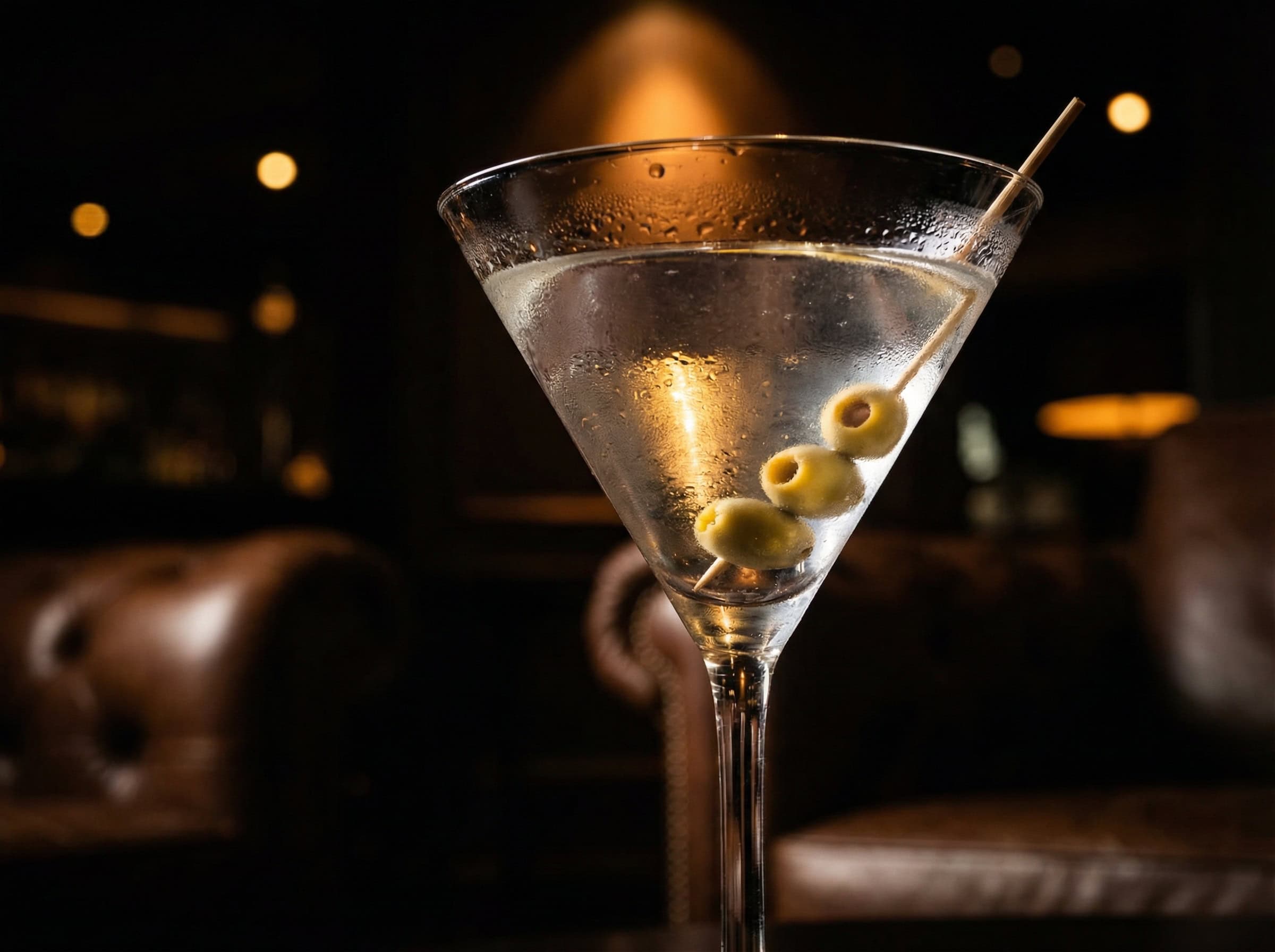 Martini cổ điển IBA trong ly Martini hình V với 3 olive xanh xiên que — công thức 75ml gin 15ml vermouth chuẩn