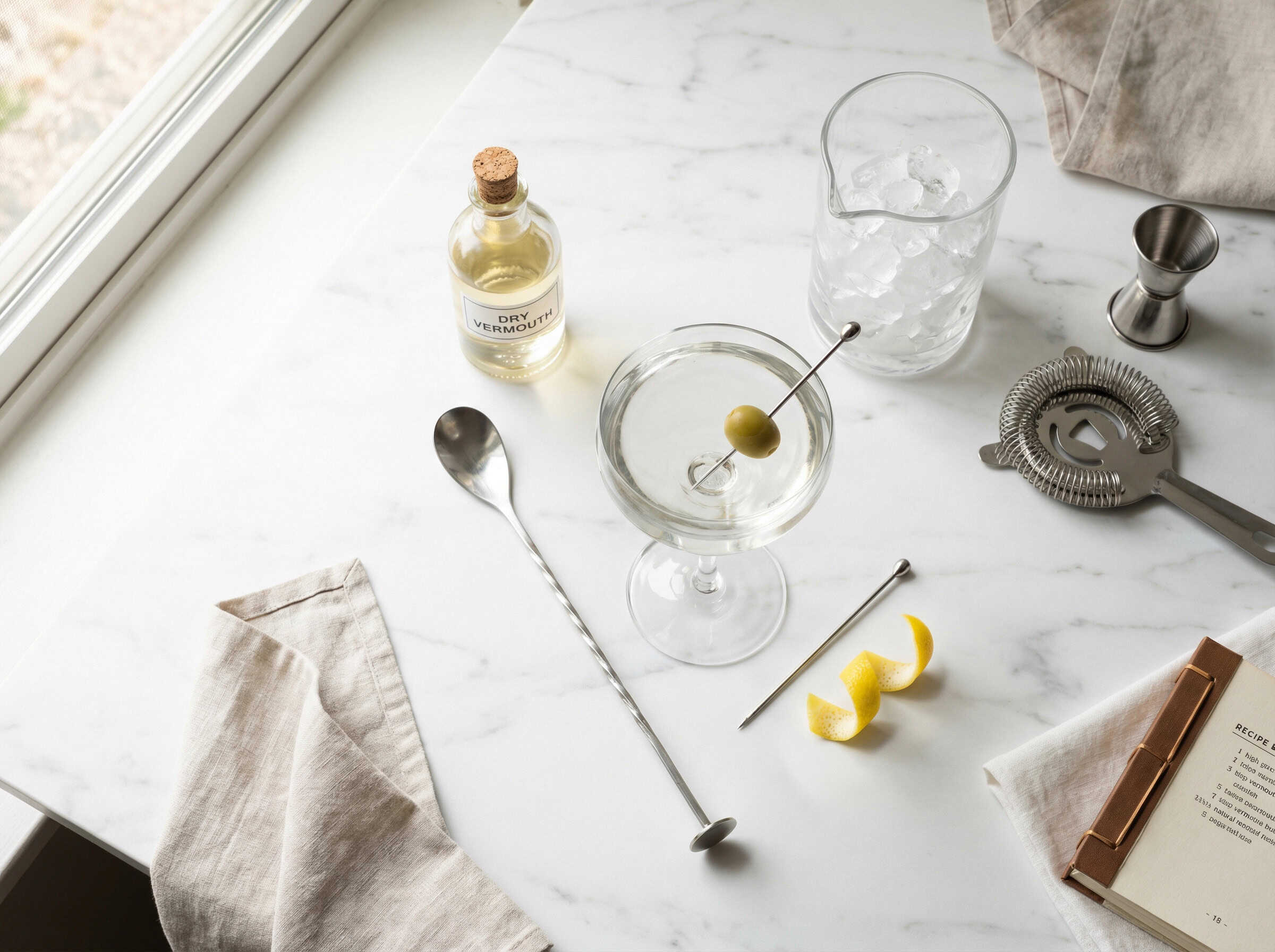 Dụng cụ pha Martini từ trên xuống: mixing glass, bar spoon, ly Martini, chai vermouth, olive và vỏ chanh