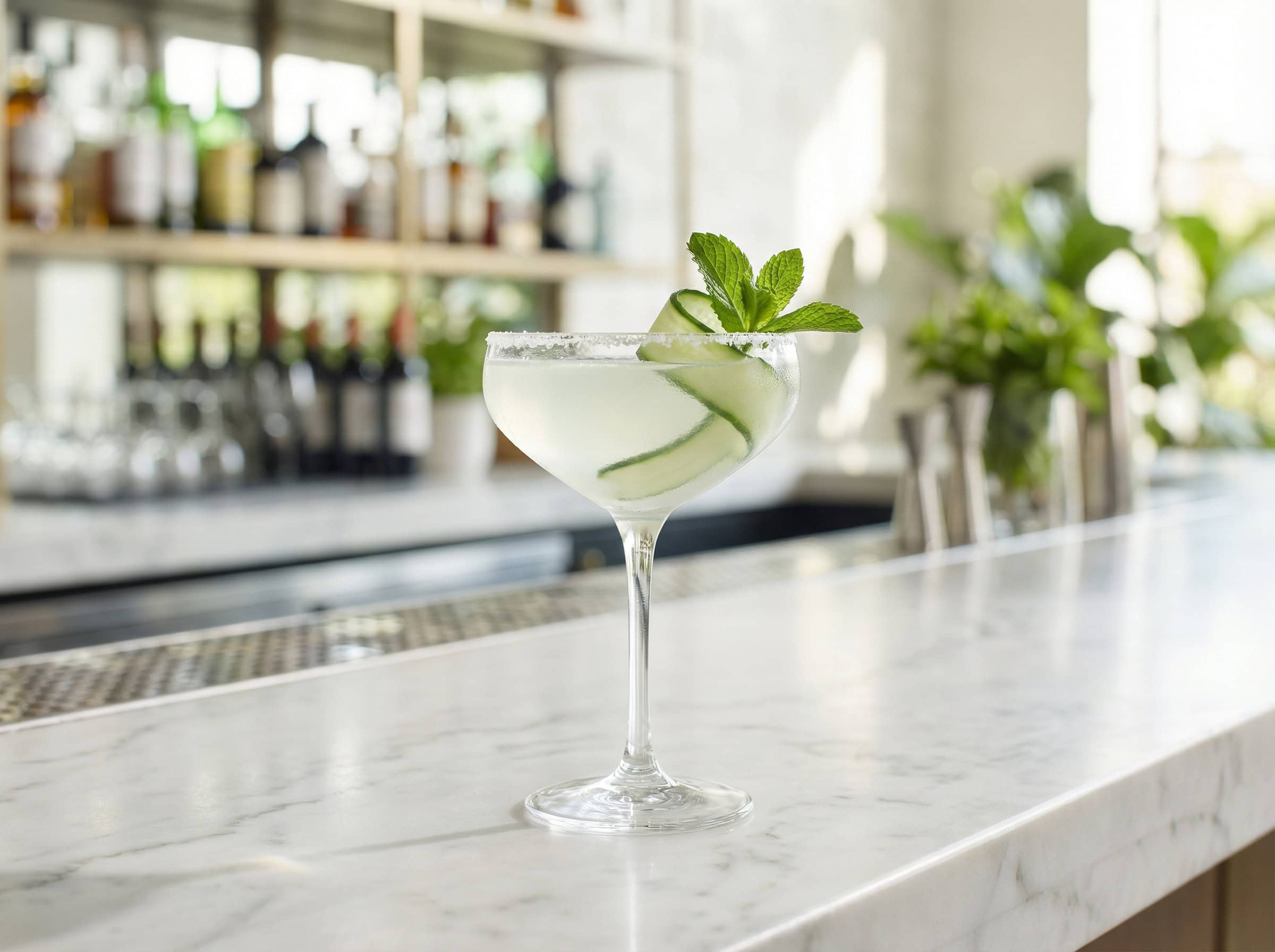 Skinny Margarita với dưa leo xoắn và bạc hà tươi trong coupe glass — biến thể thanh mát ít calo nhất