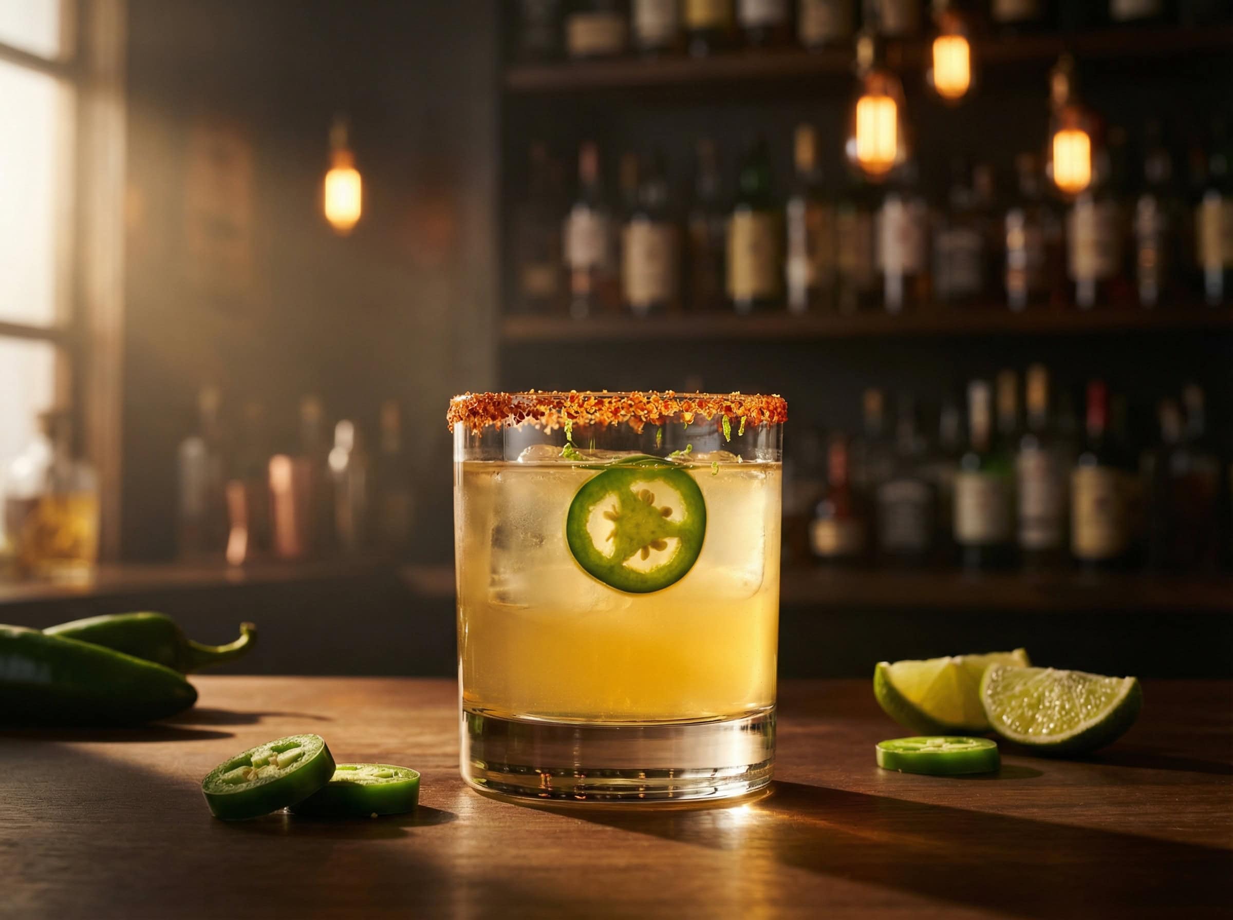 Spicy Skinny Margarita với jalapeño tươi và vành muối cayenne đỏ — biến thể cay ít calo chỉ ~148 kcal