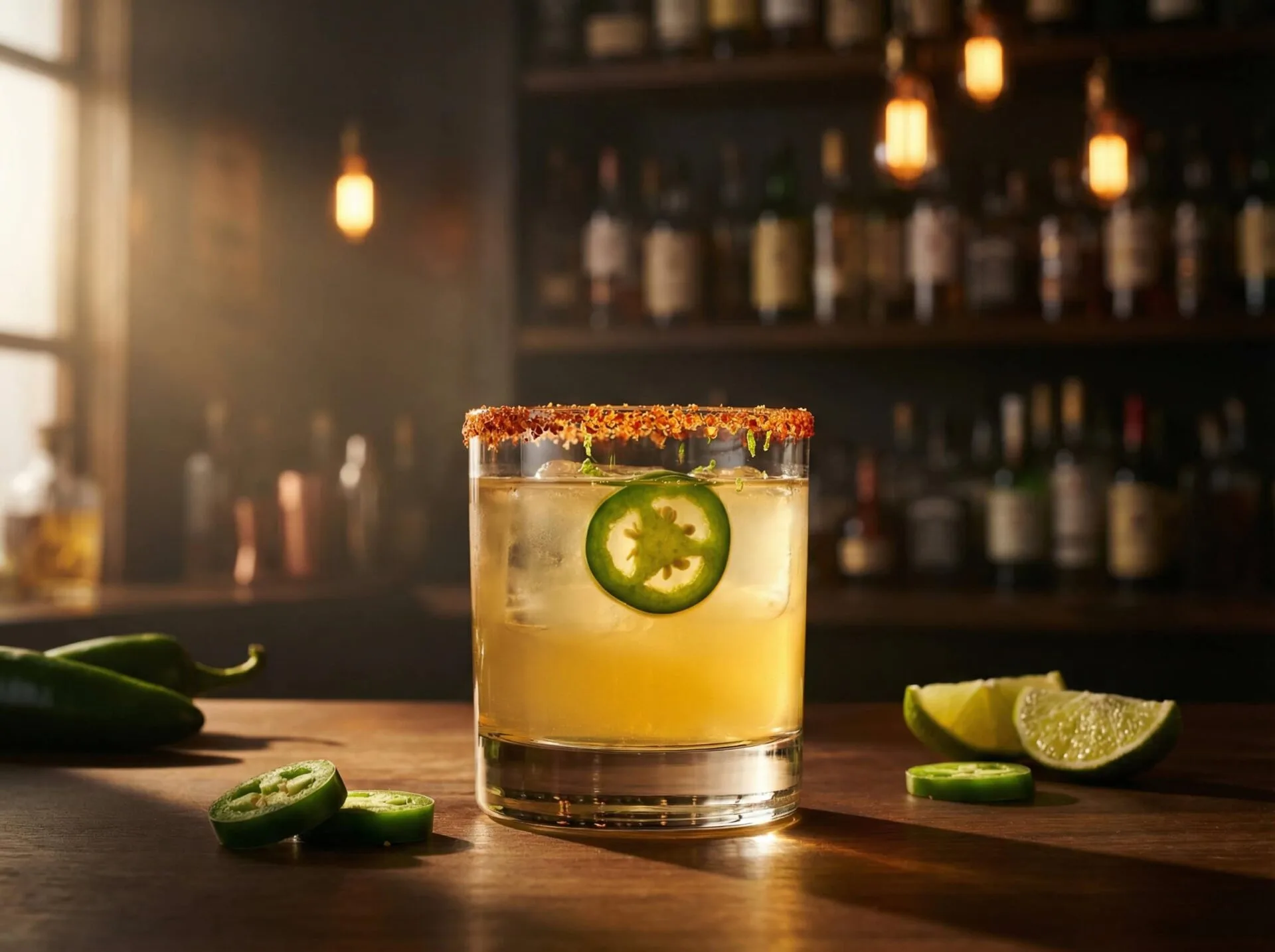 Spicy Skinny Margarita với jalapeño tươi và vành muối cayenne đỏ — biến thể cay ít calo chỉ ~148 kcal