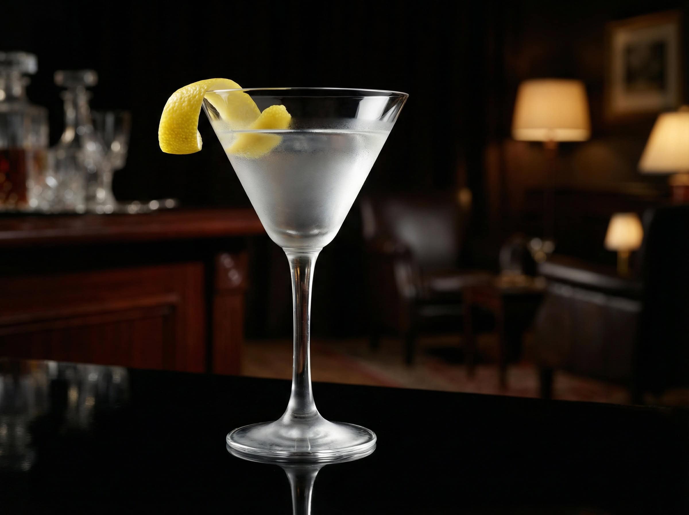 Vesper Martini trong ly Martini trong suốt với vỏ chanh xoắn lớn — cocktail James Bond Casino Royale 1953