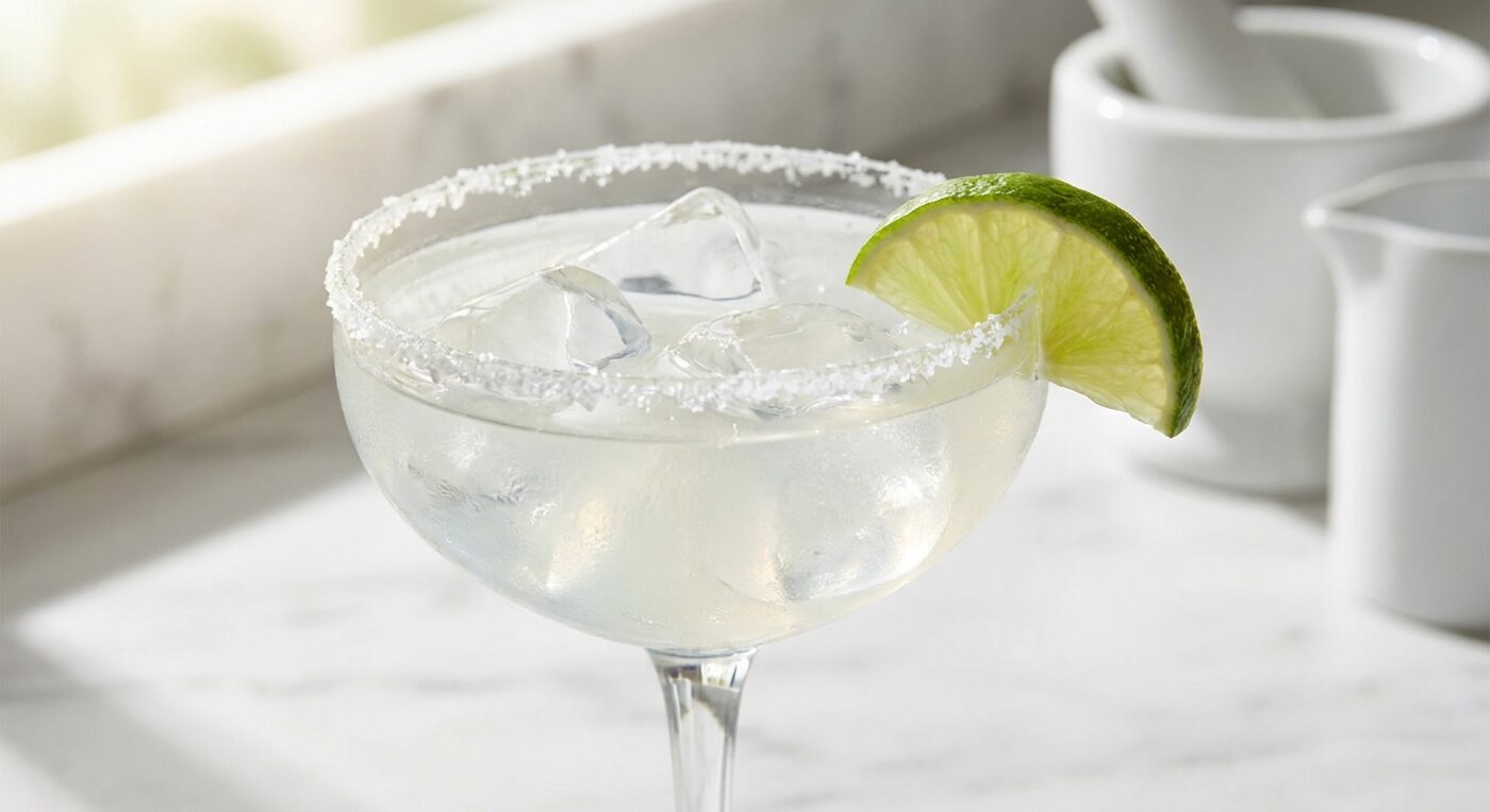 Cách pha Margarita tại nhà chuẩn IBA trong ly coupe viền muối