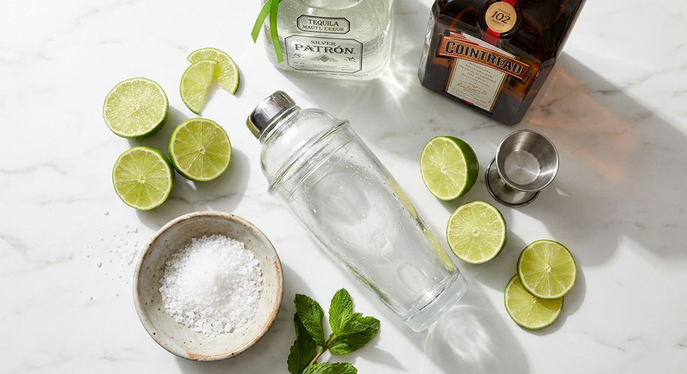 Nguyên liệu pha Margarita tại nhà: chanh tươi, tequila, Cointreau, muối biển