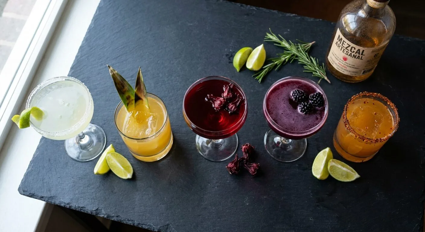 Flat-lay 5 biến thể Margarita khói: classic, pineapple, hibiscus bụp giấm, blackberry, ancho-chile — so sánh màu và công thức 2026