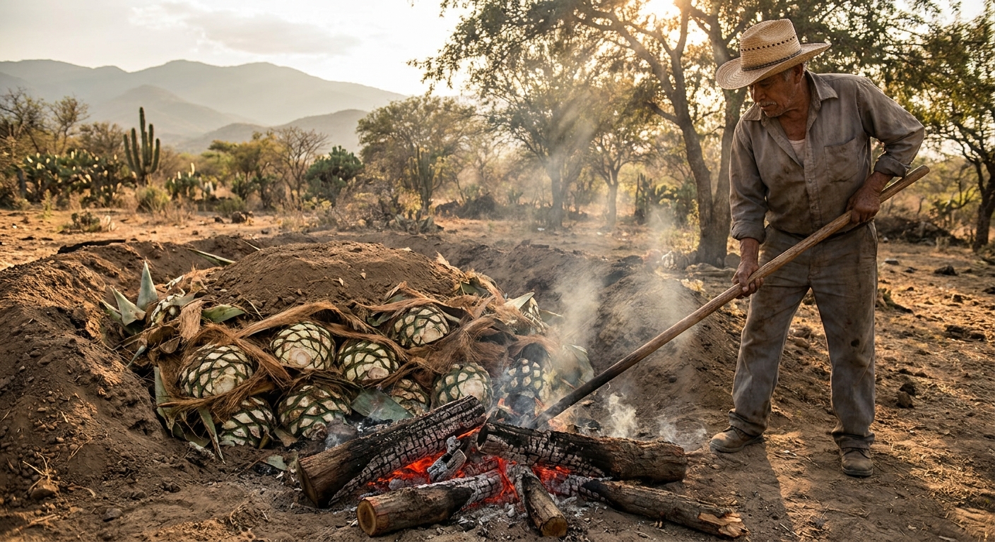 Hố nướng đất (palenque horno) truyền thống Oaxaca — piña agave espadín nướng trên gỗ encino oak 200°C tạo guaiacol syringol