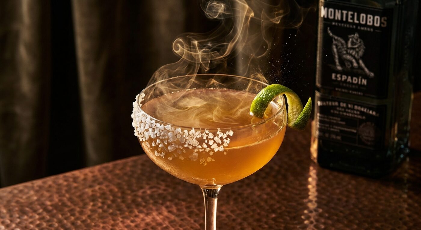 Margarita khói (Smoky Margarita) coupe với viền muối Maldon, twist vỏ chanh và khói phenol guaiacol bốc lên — phong cách bar 2026