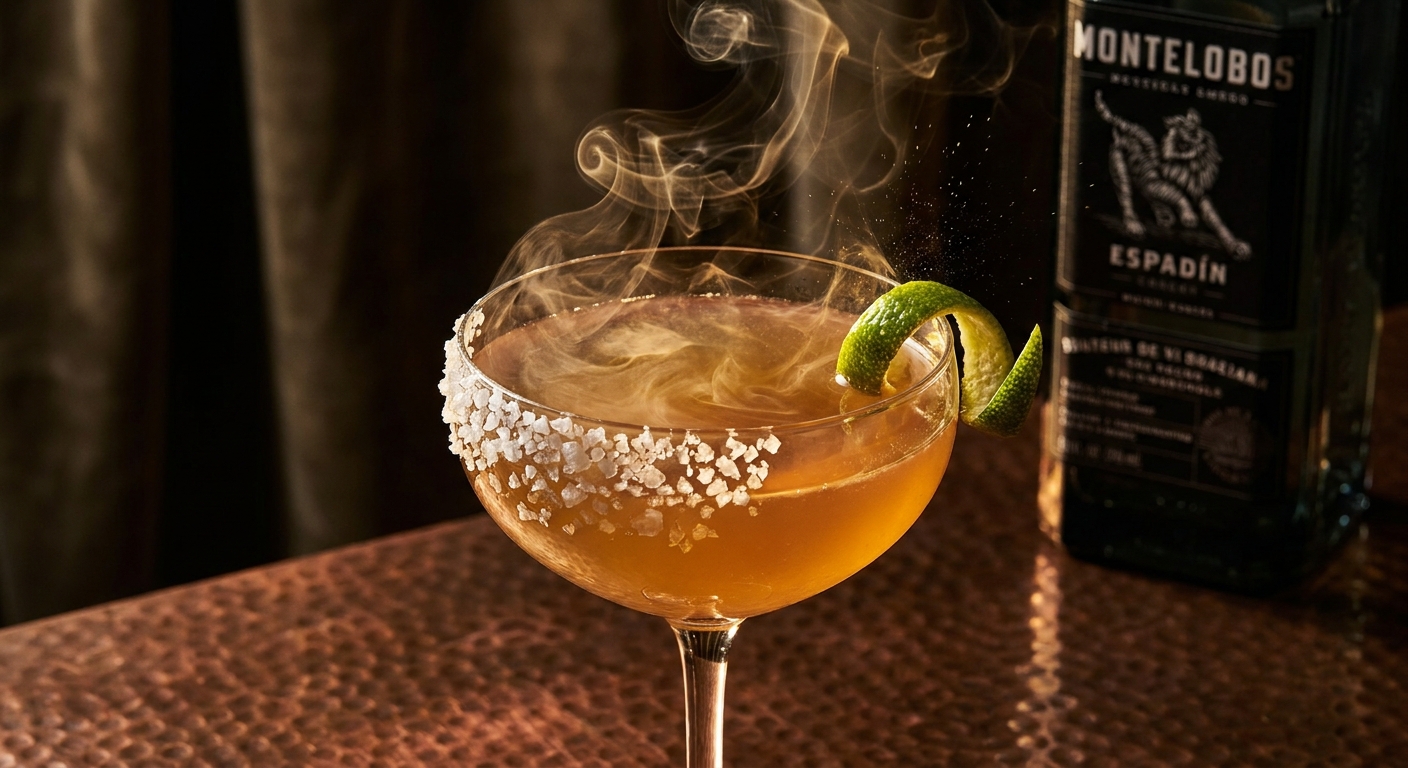 Margarita khói (Smoky Margarita) coupe với viền muối Maldon, twist vỏ chanh và khói phenol guaiacol bốc lên — phong cách bar 2026