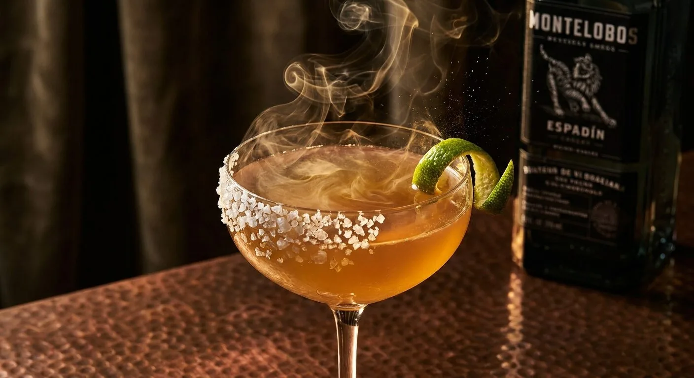 Margarita khói (Smoky Margarita) coupe với viền muối Maldon, twist vỏ chanh và khói phenol guaiacol bốc lên — phong cách bar 2026