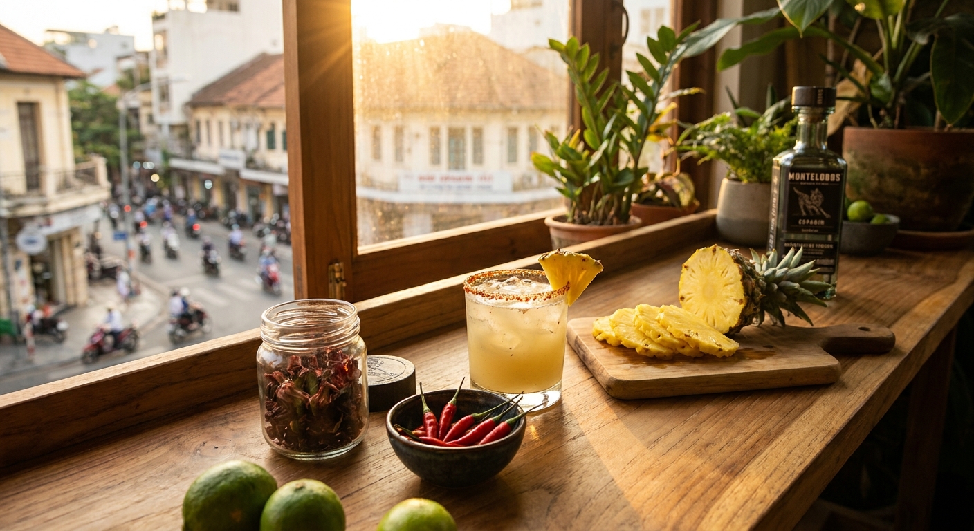 Bar tại nhà Saigon pha Smoky Pineapple Margarita với dứa Nữ Hoàng, ớt hiểm, bụp giấm, chanh ta và mezcal Montelobos — chi phí 90.000 VND/ly
