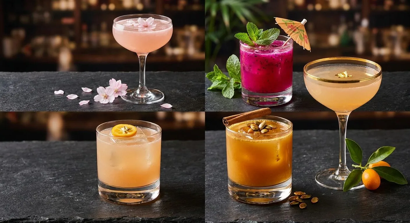 Margarita theo mùa: bộ 4 ly cocktail xuân-hạ-thu-đông với quất Tết, dâu tây, thanh long và bí nướng