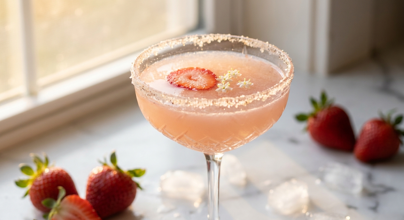 Strawberry Elderflower Margarita mùa xuân Tommy's style với dâu tây Đà Lạt và elderflower syrup