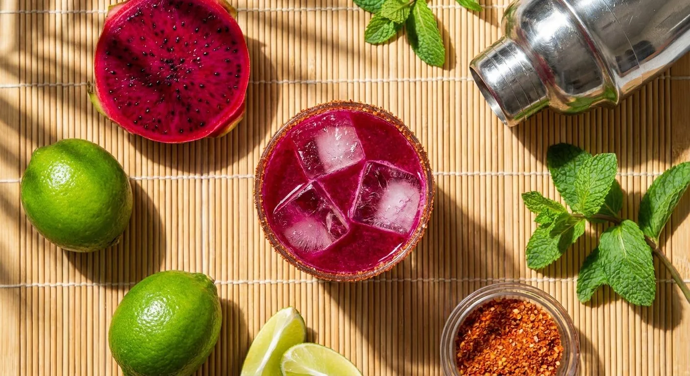 Dragonfruit Margarita mùa hè Vietnam edition với thanh long Bình Thuận ruột đỏ và viền muối ớt Tajin