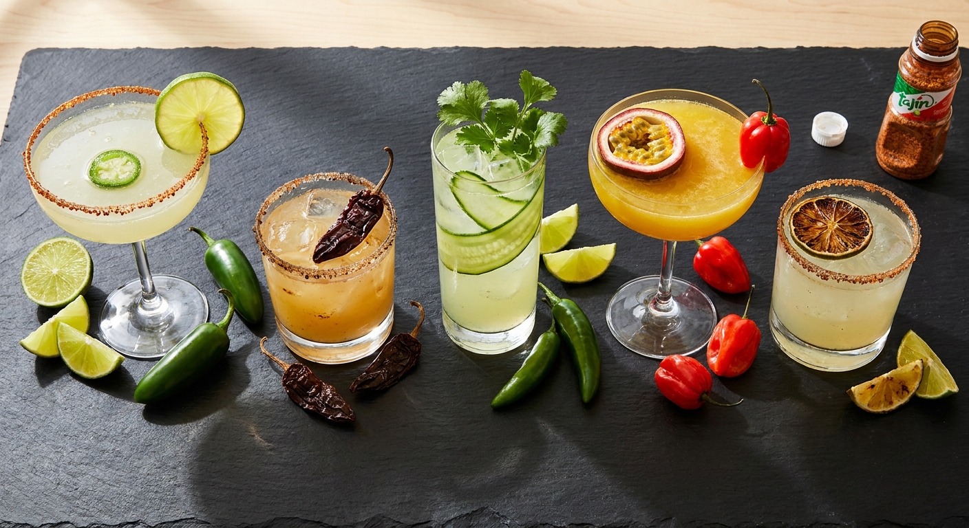 5 công thức margarita cay flatlay — Classic Jalapeño, Chipotle Smoky, Serrano, Habanero, Mezcal Oaxacan
