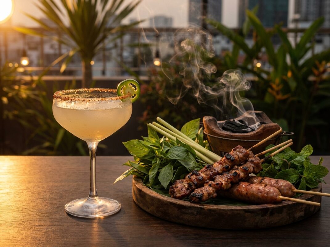 Margarita cay và món nướng Việt — coupe với vành muối Tajín bên cạnh mâm nem nướng Nha Trang