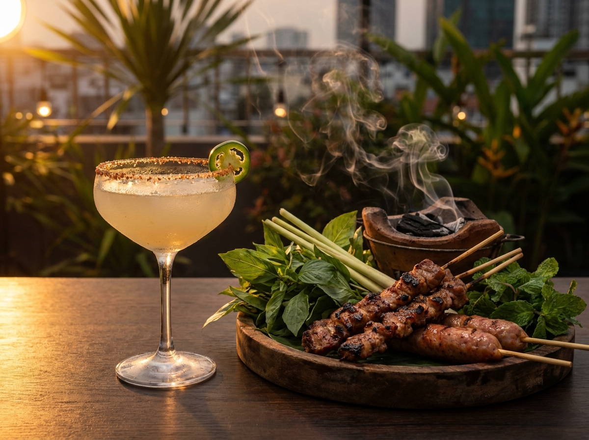 Margarita cay và món nướng Việt — coupe với vành muối Tajín bên cạnh mâm nem nướng Nha Trang
