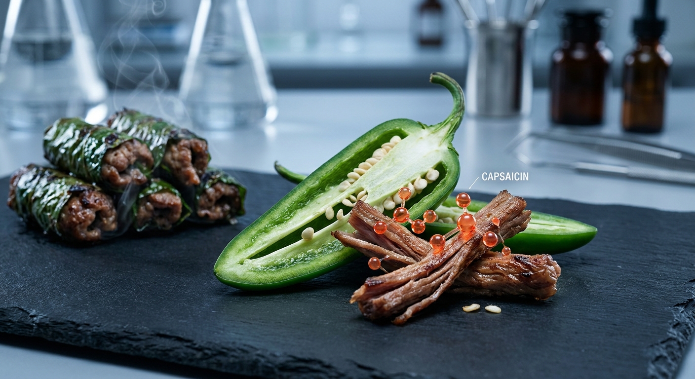 Capsaicin TRPV1 và Maillard volatiles — cutaway jalapeño cạnh bò lá lốt nướng