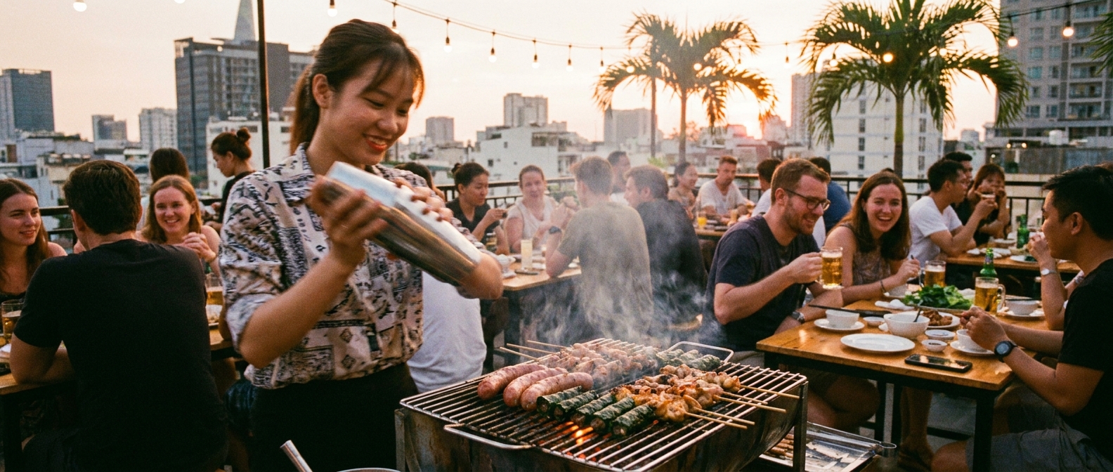Tiệc margarita cay và món nướng trên rooftop Saigon hoàng hôn — shake trên bếp than