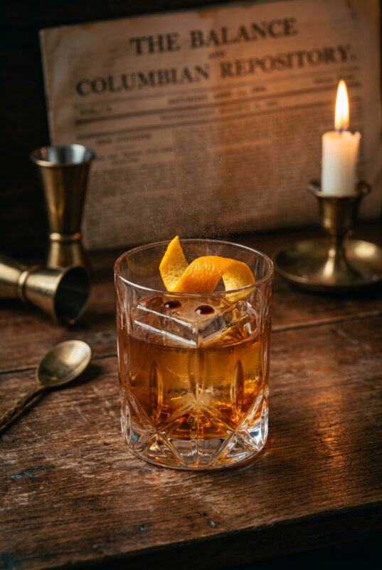 Old Fashioned cổ điển với đá khối lớn và vỏ cam tươi cùng báo 1806 - Rượu Pha Chế AZ