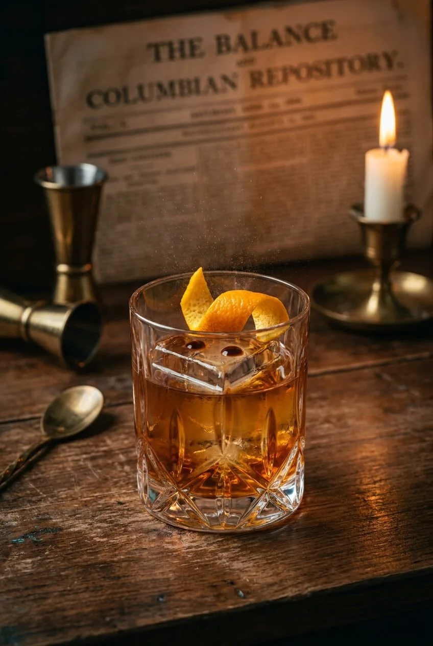 Old Fashioned cổ điển với đá khối lớn và vỏ cam tươi cùng báo 1806 - Rượu Pha Chế AZ