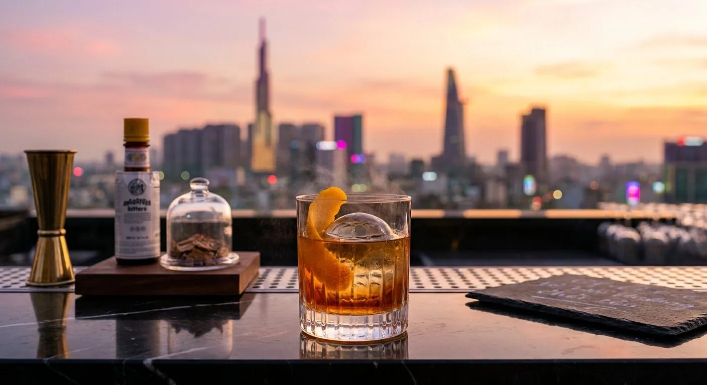Old Fashioned craft tại rooftop bar Saigon 2026 với bourbon và ice sphere - Rượu Pha Chế AZ