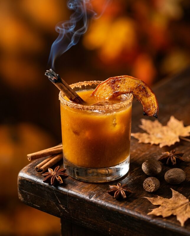 Pumpkin Spice Margarita mùa thu với bí đỏ nướng, viền muối quế và thanh quế hun khói