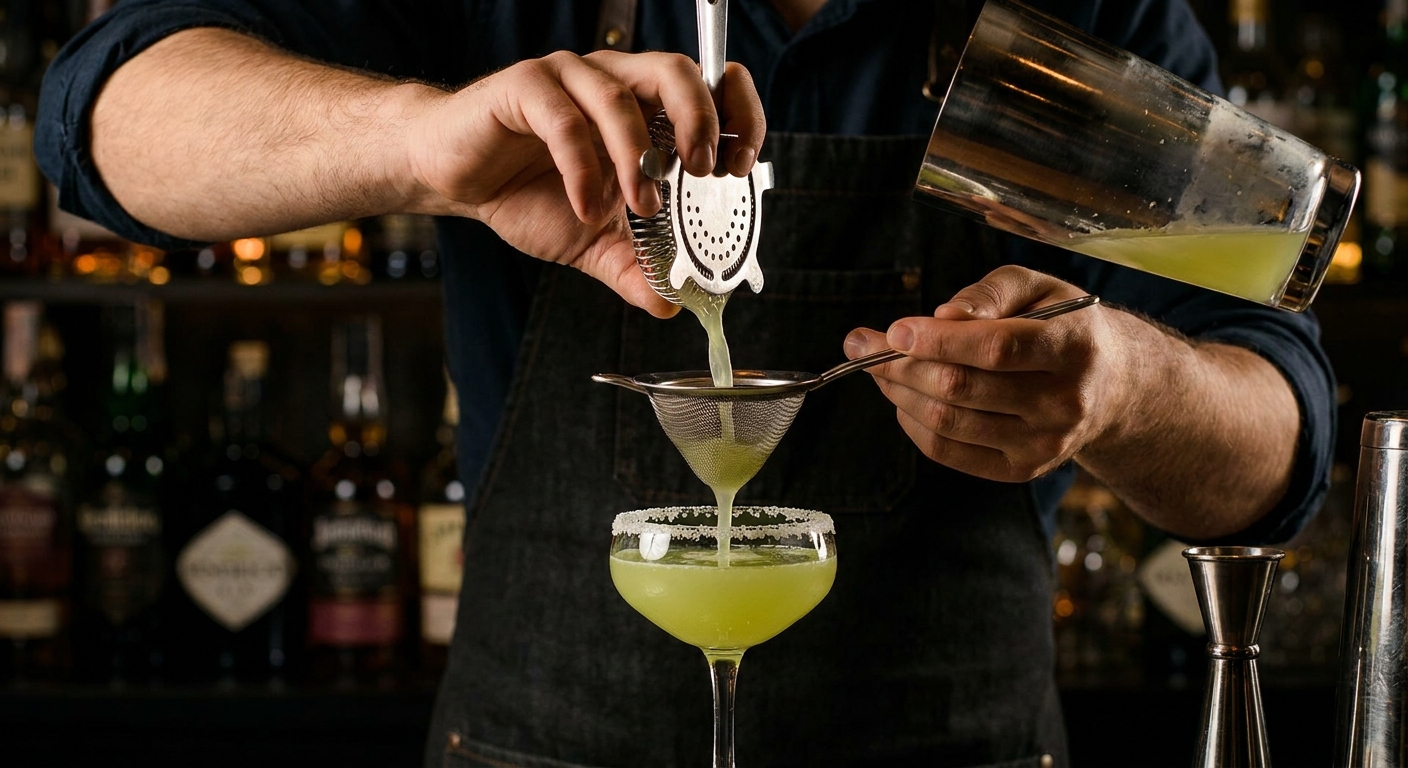 Kỹ thuật double-strain Margarita qua Hawthorne strainer vào ly coupe có viền muối