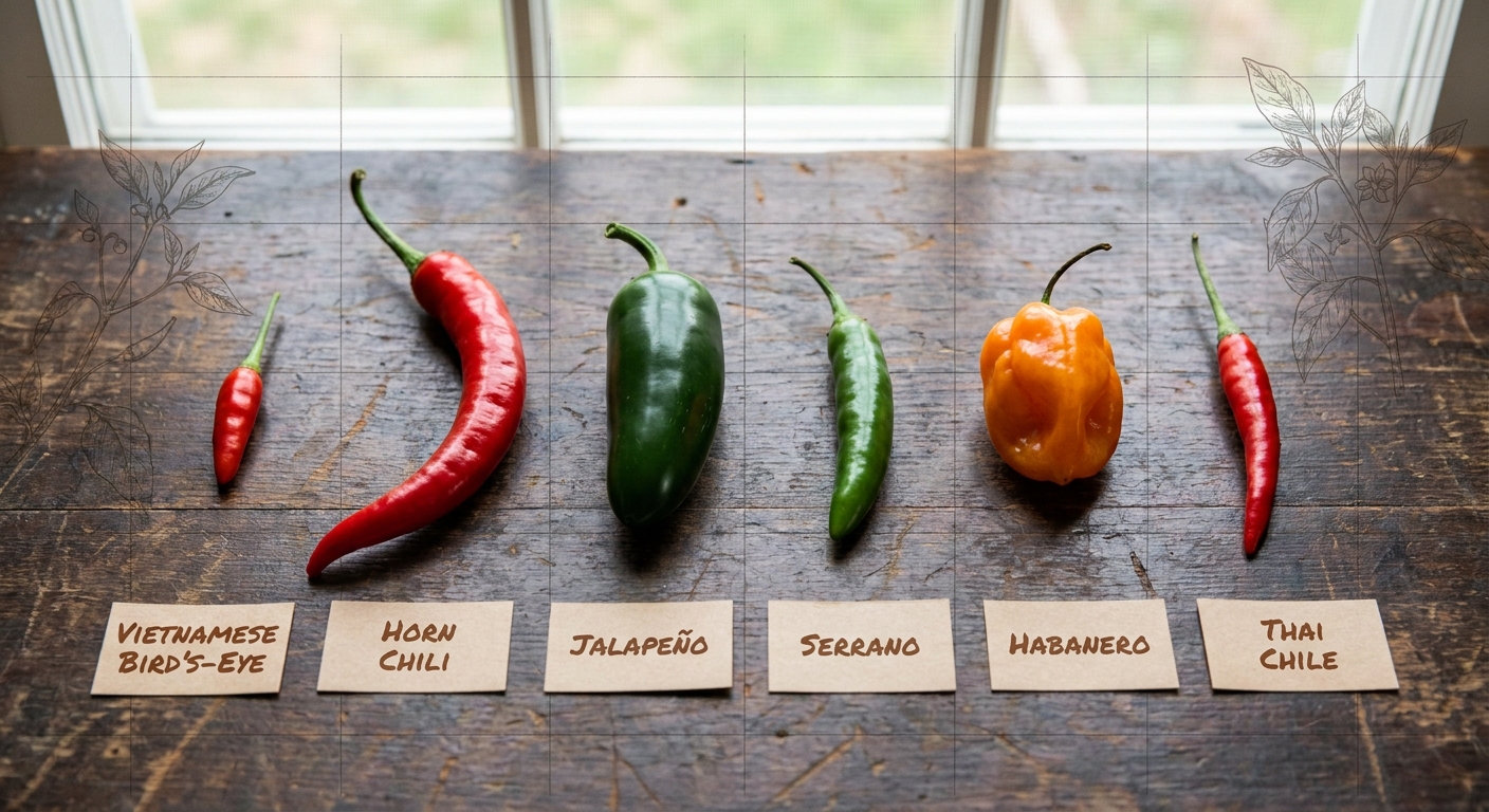 So sánh 6 loại ớt: jalapeño, serrano, habanero, ớt sừng trâu, ớt chỉ thiên, ớt hiểm — Scoville và giá VN 2026