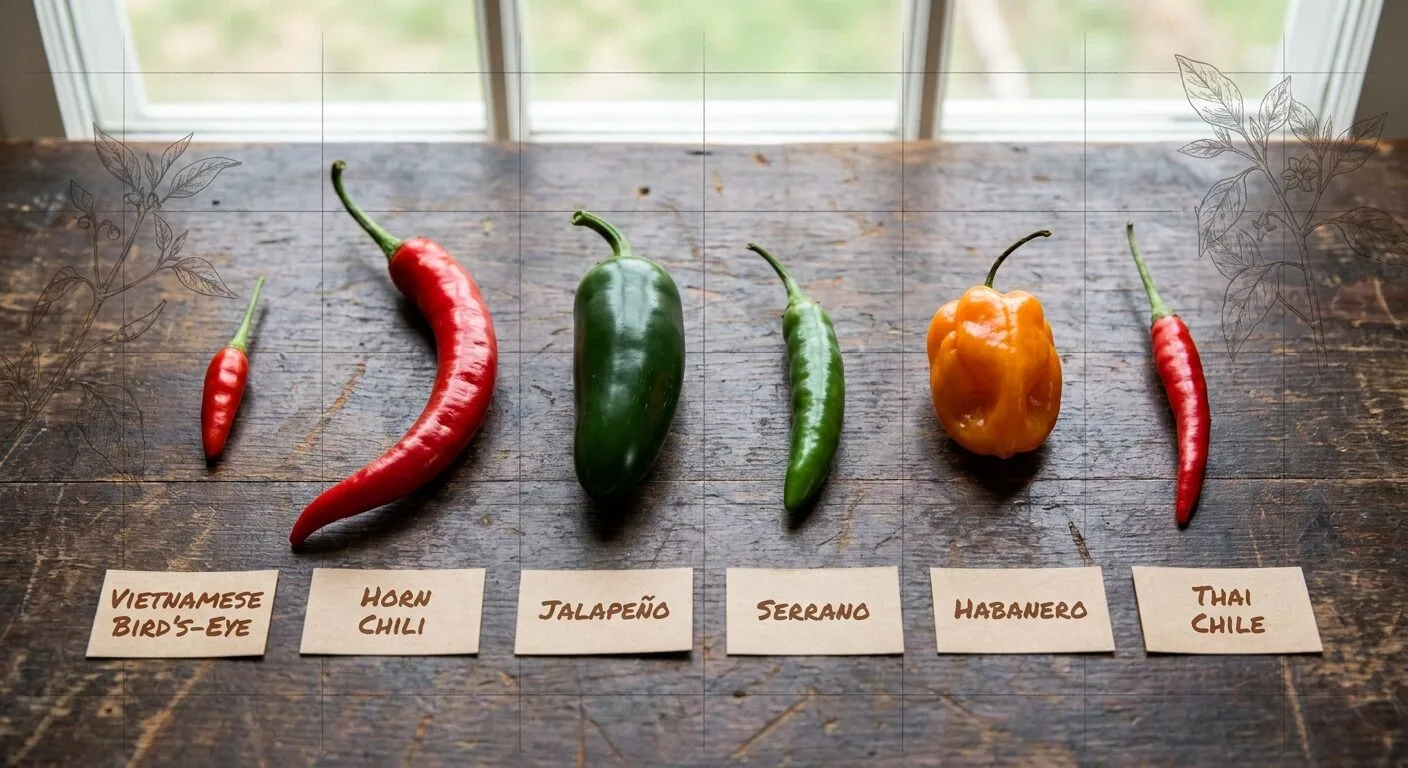 So sánh 6 loại ớt: jalapeño, serrano, habanero, ớt sừng trâu, ớt chỉ thiên, ớt hiểm — Scoville và giá VN 2026