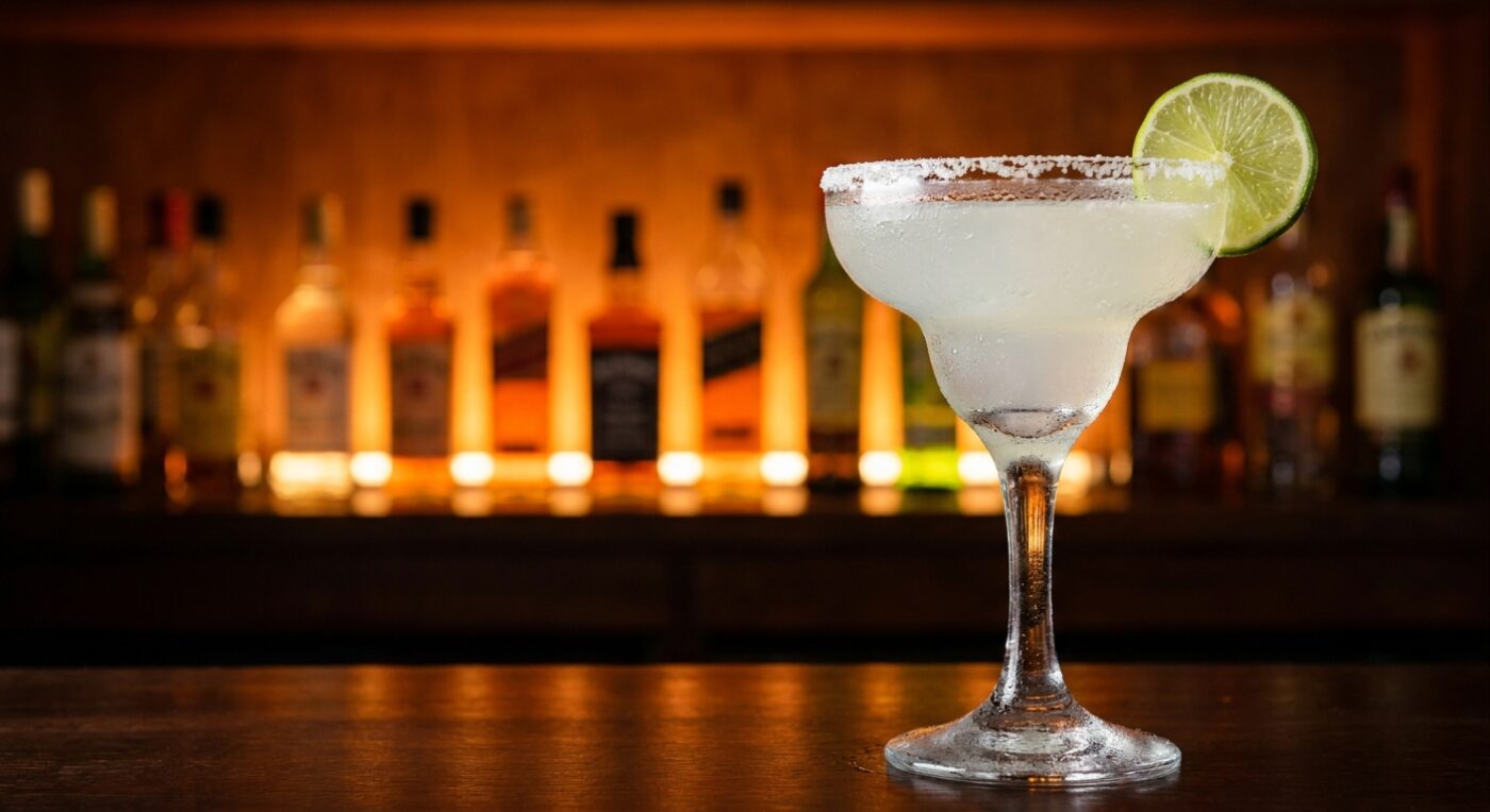 Ly Margarita cổ điển IBA chuẩn trong coupe glass với viền muối và lát chanh