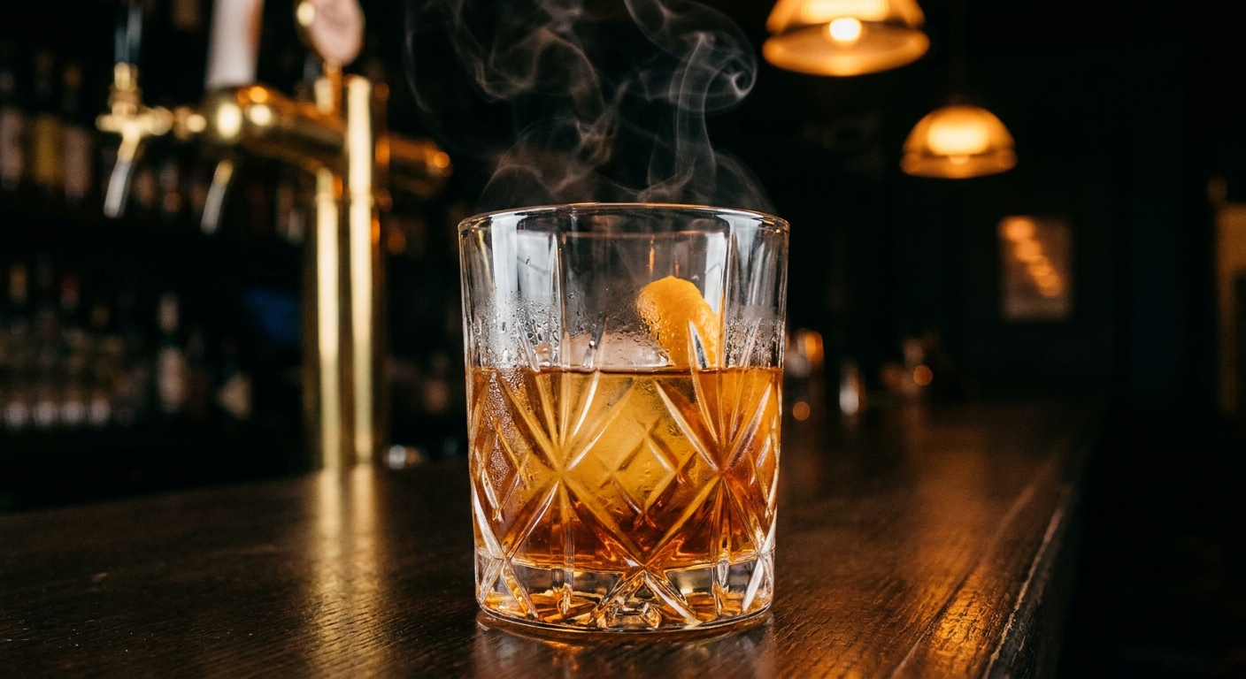 Smoked Old Fashioned hoàn thành - bourbon vàng hổ phách, đá tảng, vỏ cam