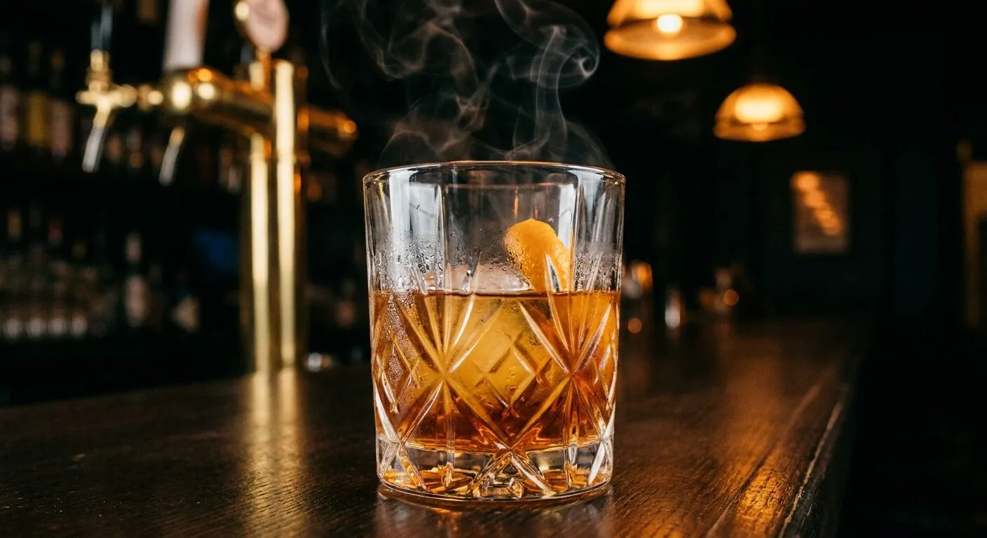 Smoked Old Fashioned hoàn thành - bourbon vàng hổ phách, đá tảng, vỏ cam