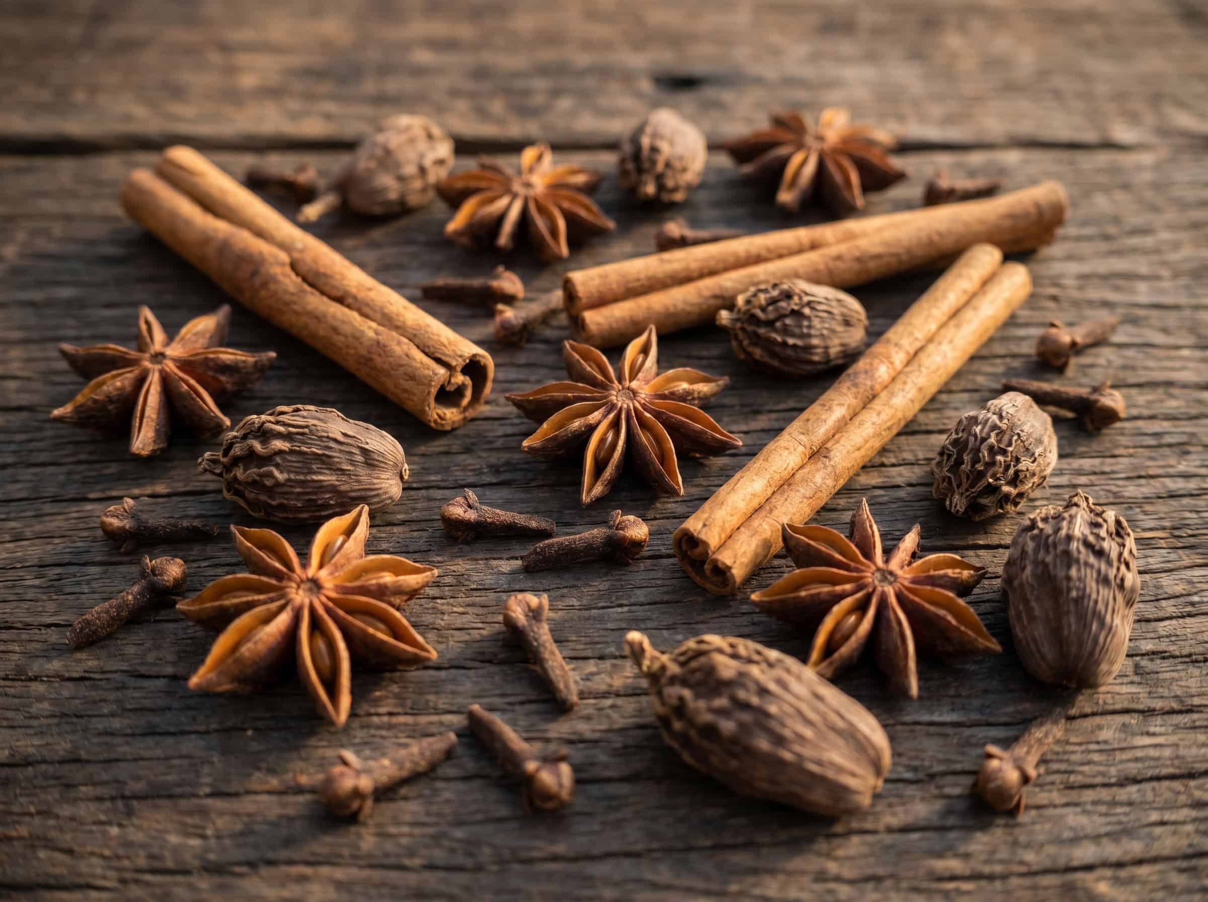 Gia vị Việt Nam cho Winter Spiced Old Fashioned — quế cassia Trà My, hồi, đinh hương và thảo quả