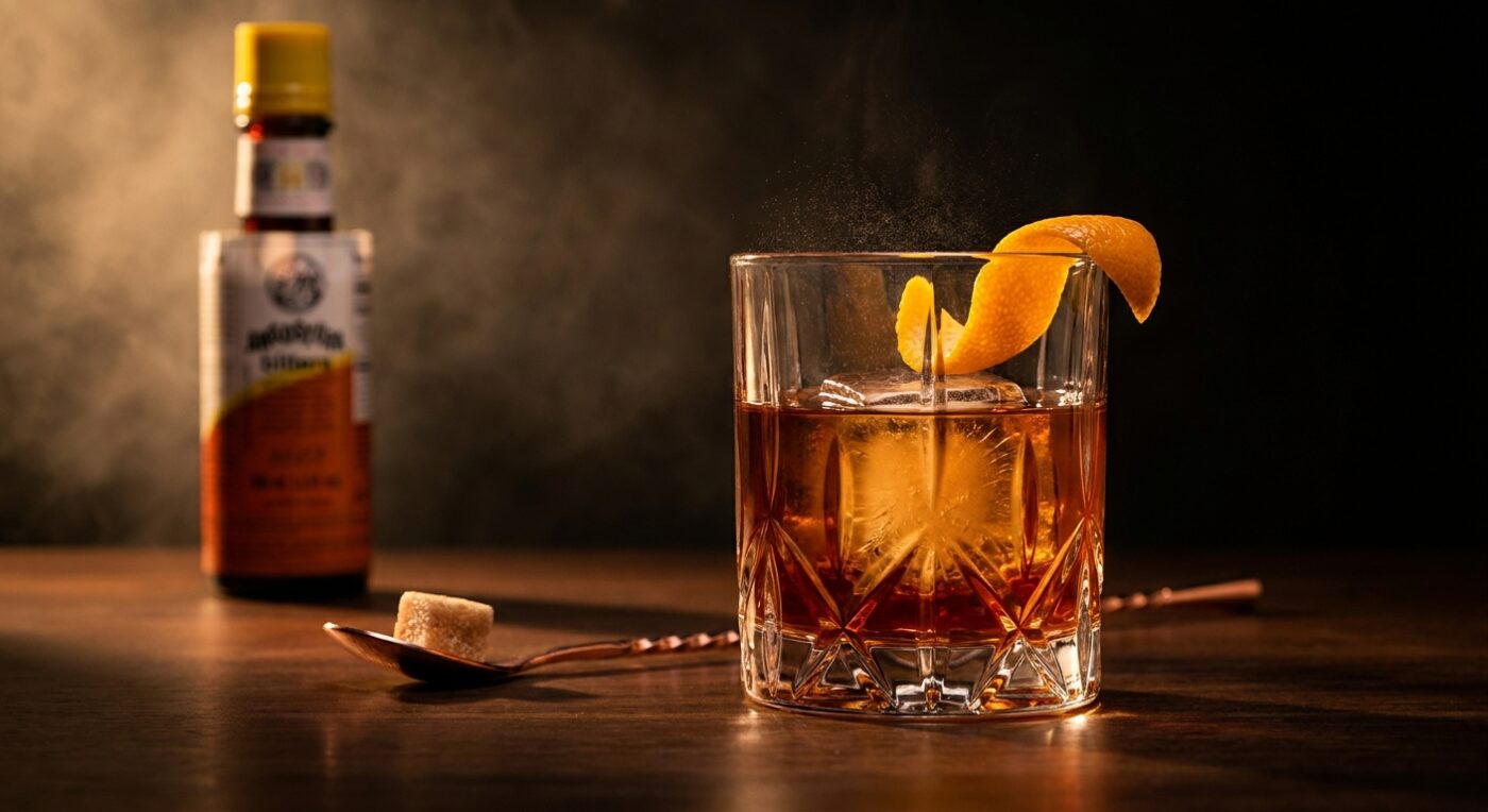 Old Fashioned cổ điển trong ly rocks với viên đá lớn 5x5 cm và vỏ cam expressed — công thức IBA 2020