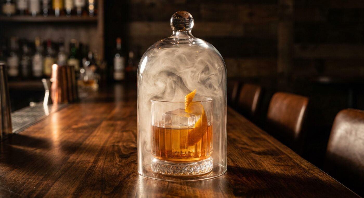 Smoked Old Fashioned tại nhà — ly rocks dưới cloche thủy tinh đầy khói cherry