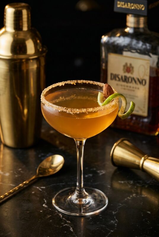 Italian Margarita Peninsula Beverly Hills 2005 với amaretto Disaronno, viền muối biển đường nâu 2:1 và garnish hạt hạnh nhân rang