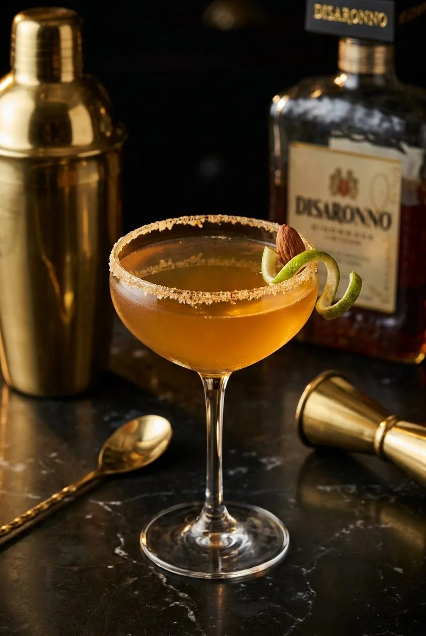 Italian Margarita Peninsula Beverly Hills 2005 với amaretto Disaronno, viền muối biển đường nâu 2:1 và garnish hạt hạnh nhân rang