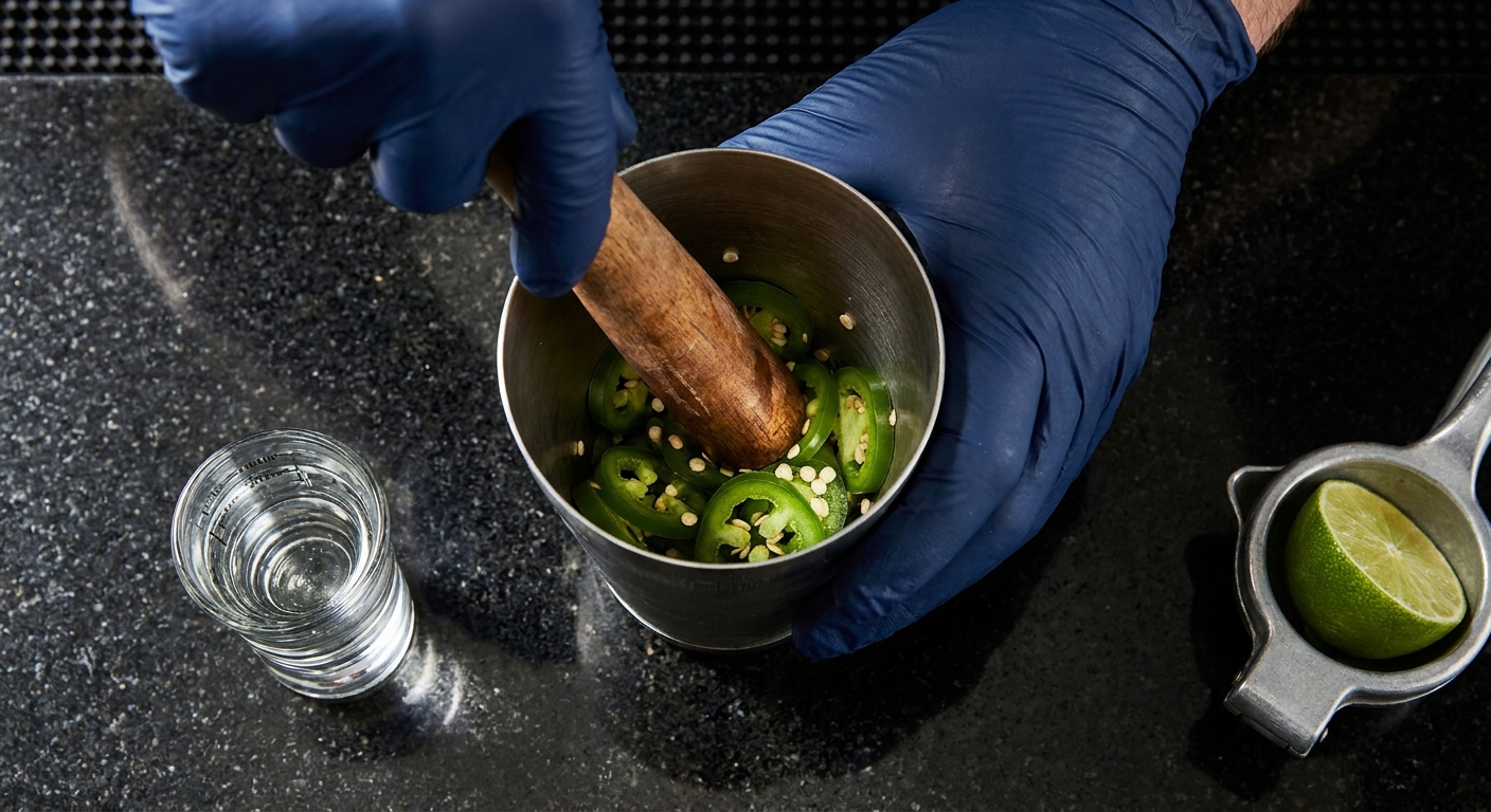 Kỹ thuật muddle jalapeño trong Boston shaker — bước 2 công thức Margarita cay Sweet Heat