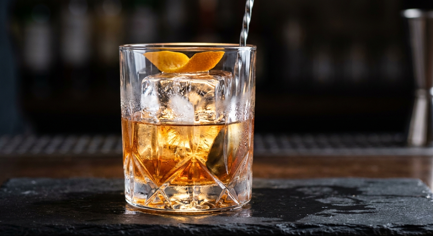 Stir Old Fashioned cổ điển với viên đá lớn 5x5 cm và bar spoon Yarai — kỹ thuật dilution 22%
