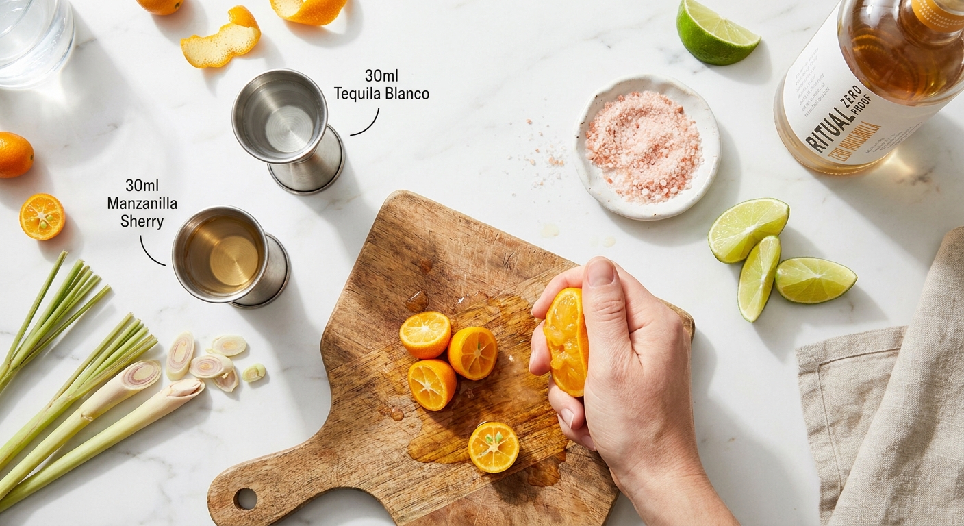 Low-ABV Margarita 2026 — chuẩn bị split base tequila và sherry Manzanilla với tắc, sả, muối hồng